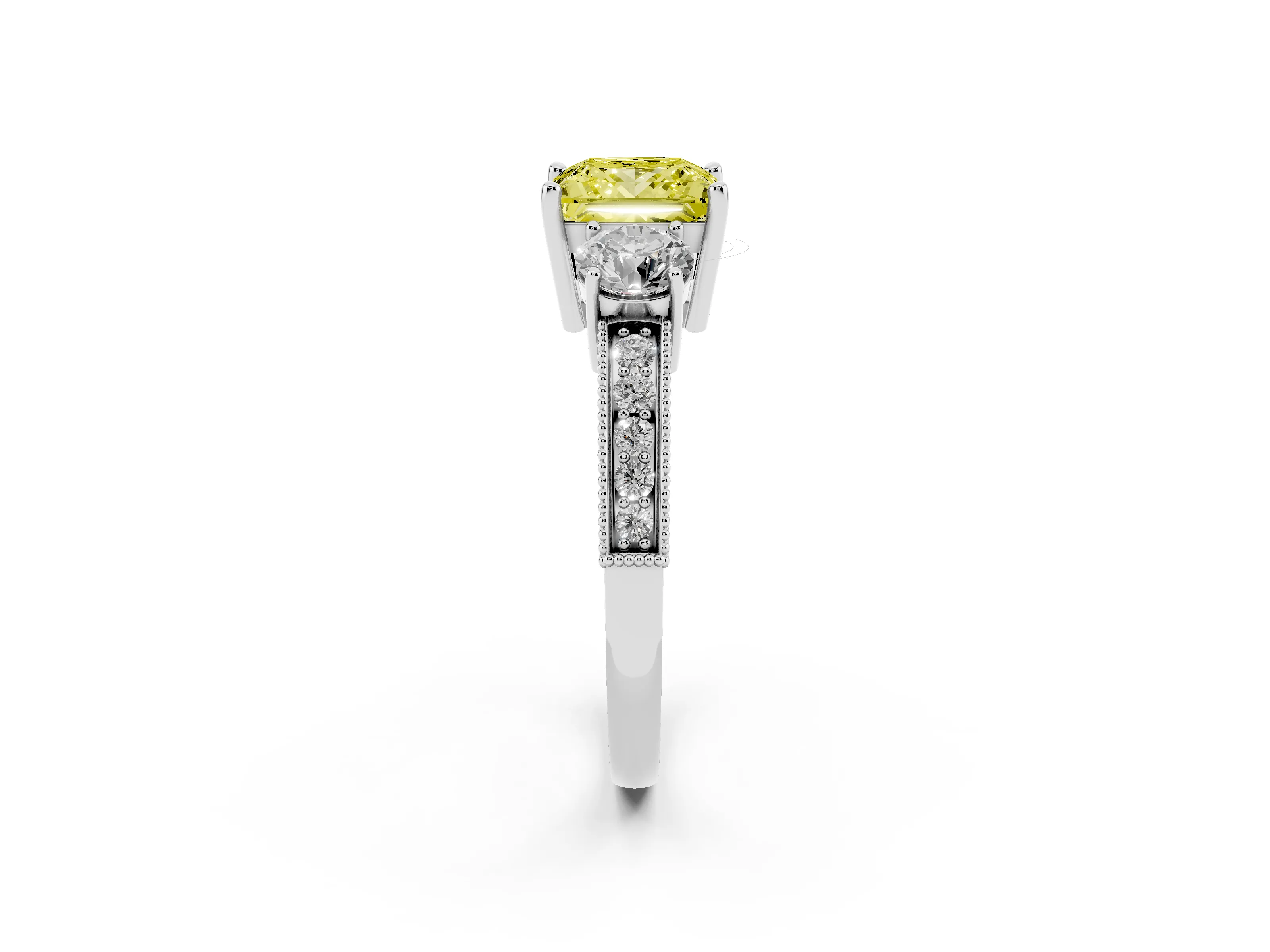 Fancy Yellow Princess Cut Diamond Three-Stone Ring Set in Platinum with Round Side Stones and Pavé Band