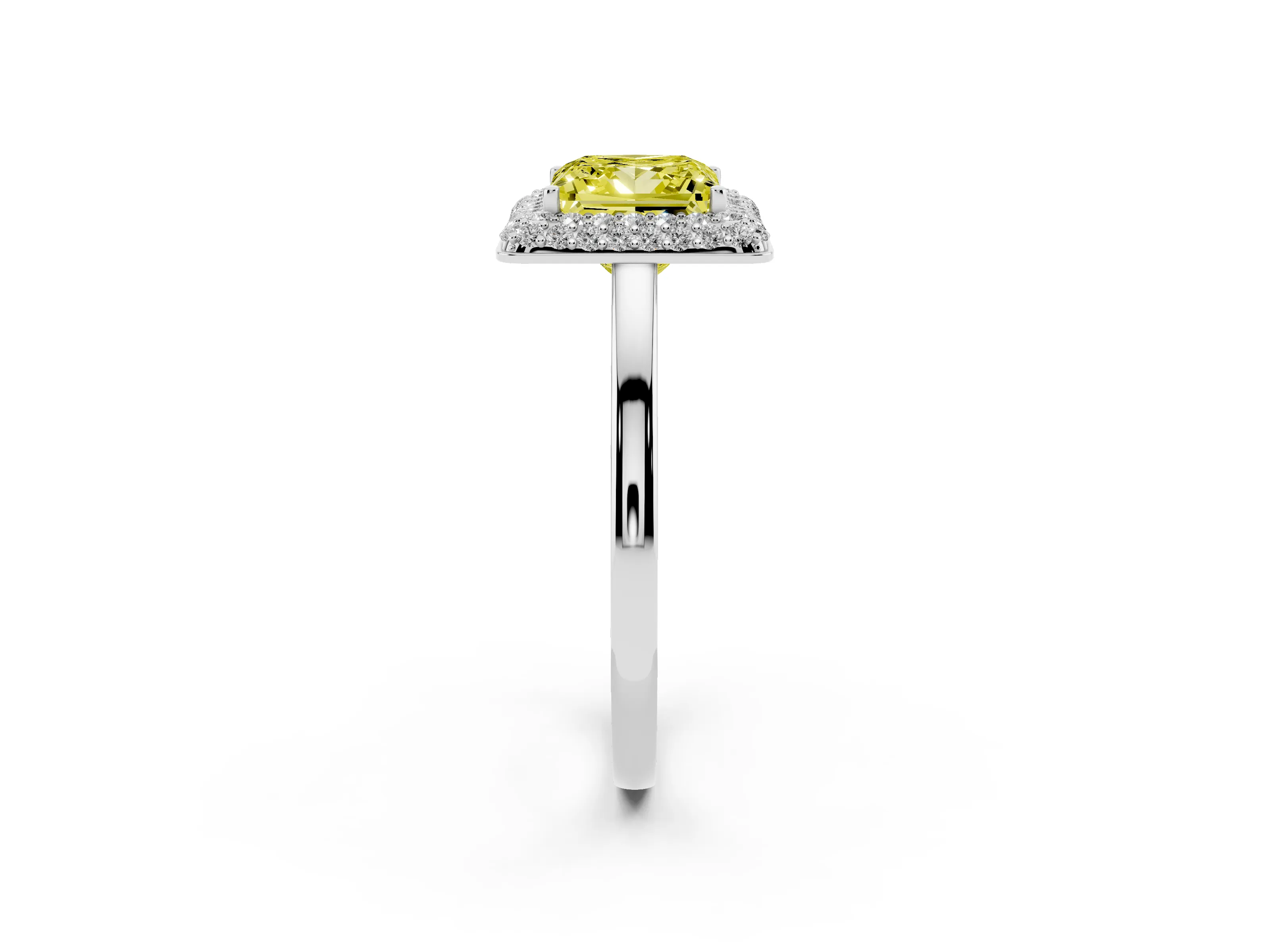 Fancy Yellow Princess Cut Diamond Halo Engagement Ring Set in White gold with Solitaire Band and Prong Setting