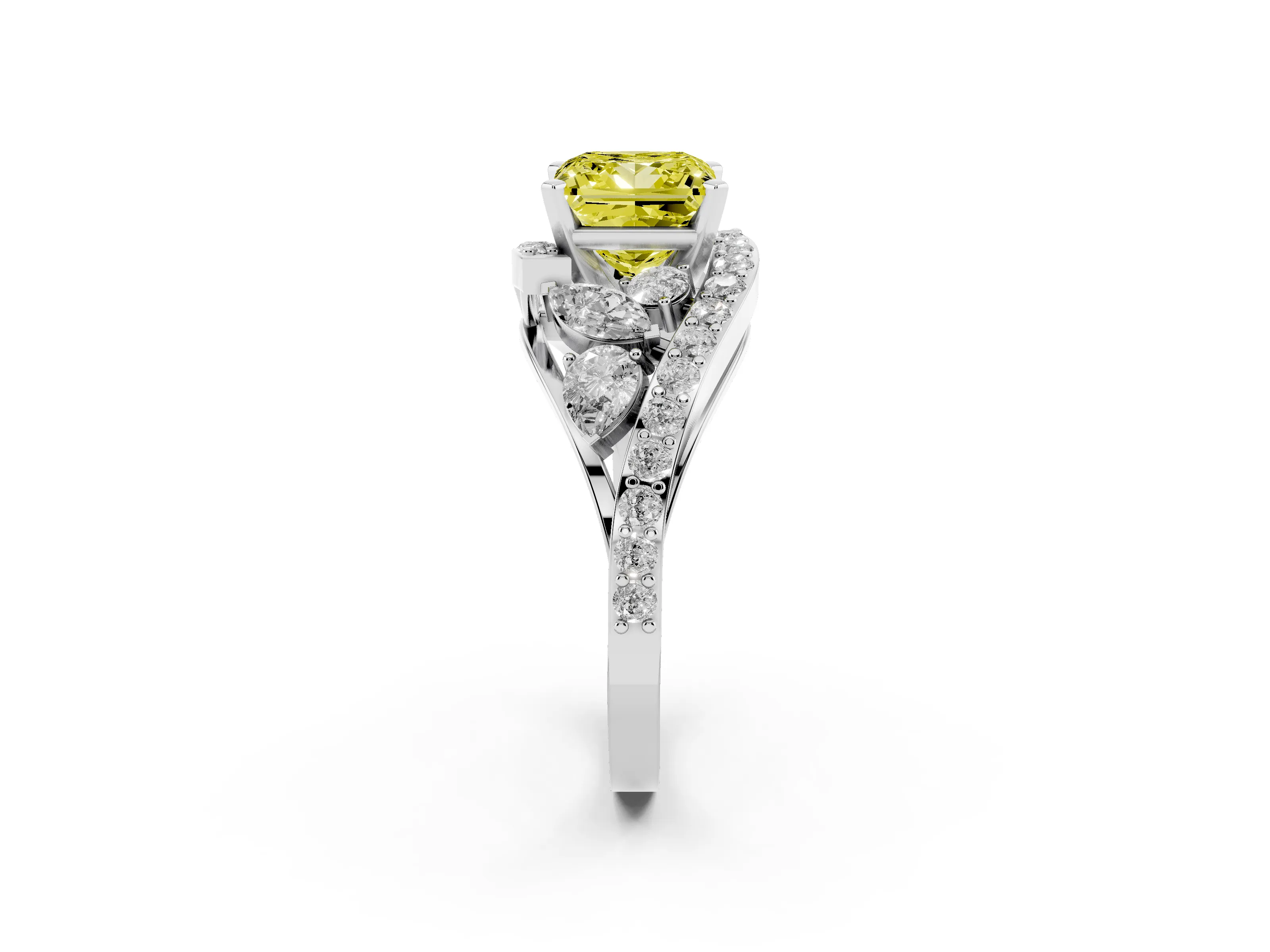 Fancy Yellow Princess Cut Diamond Halo Ring Set in White gold with Marquise and Pavé Band in Prong Setting