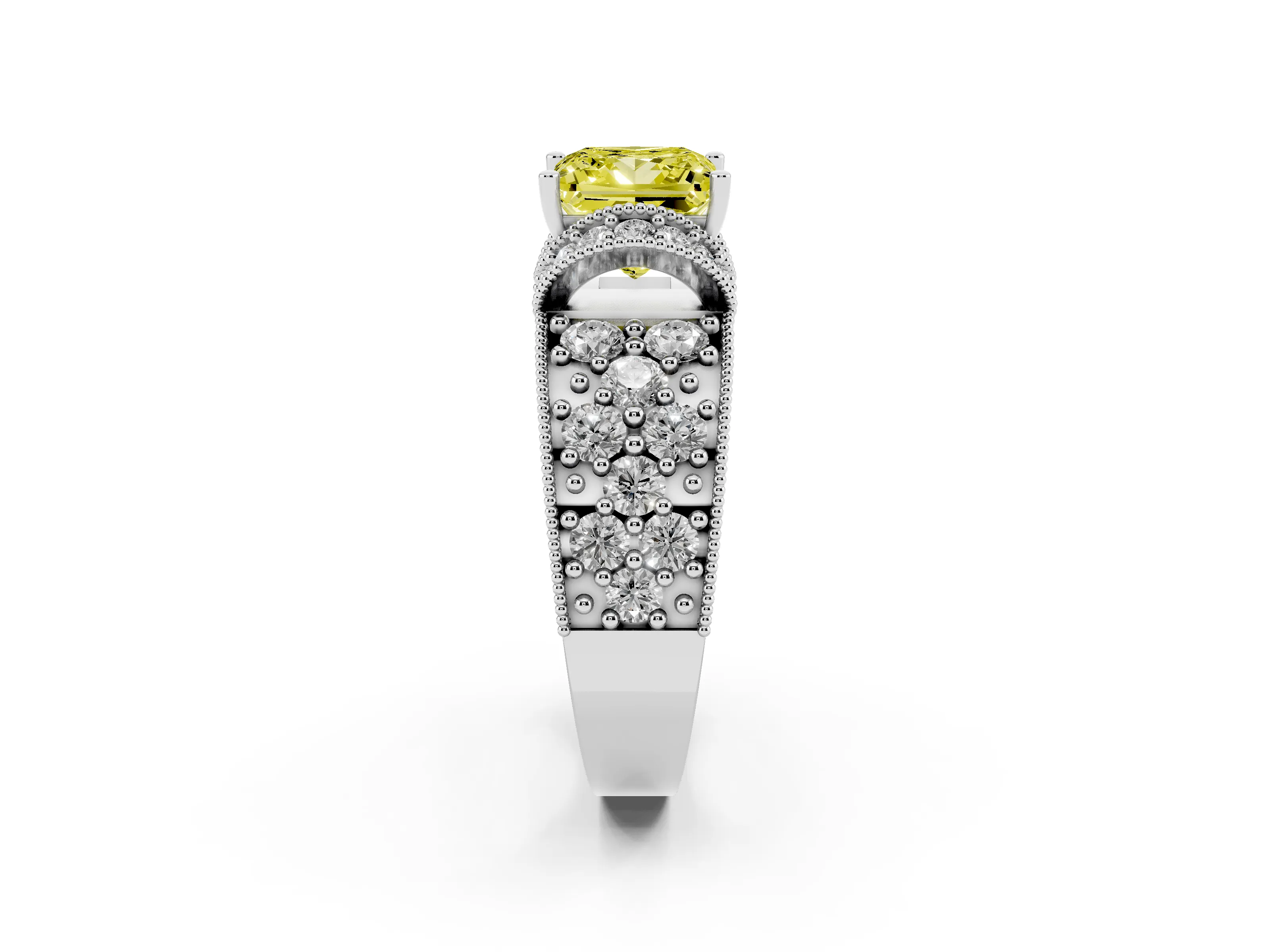 Fancy Yellow Princess Cut Diamond Milgrain Halo Pavé Engagement Ring Set in Silver with Prong Setting