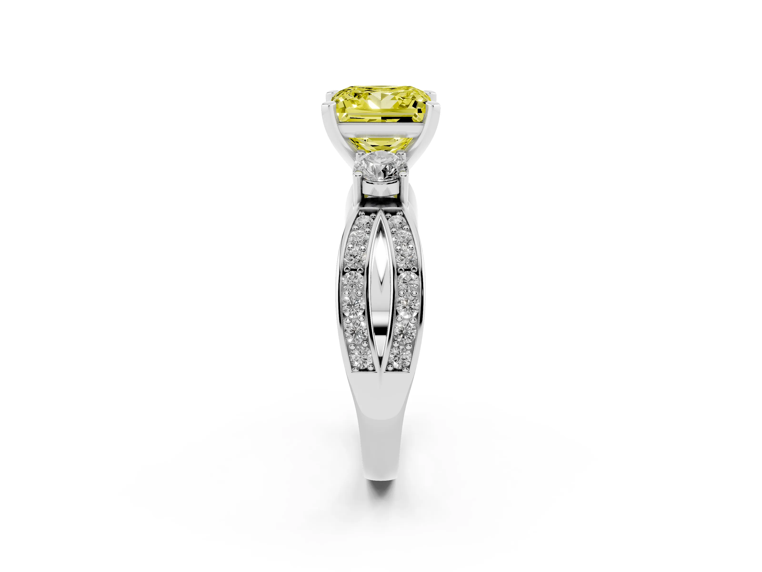 Fancy Yellow Three-Stone Princess Cut Diamond Twist Band Ring Set in Silver with Pavé Accents and Prong Setting