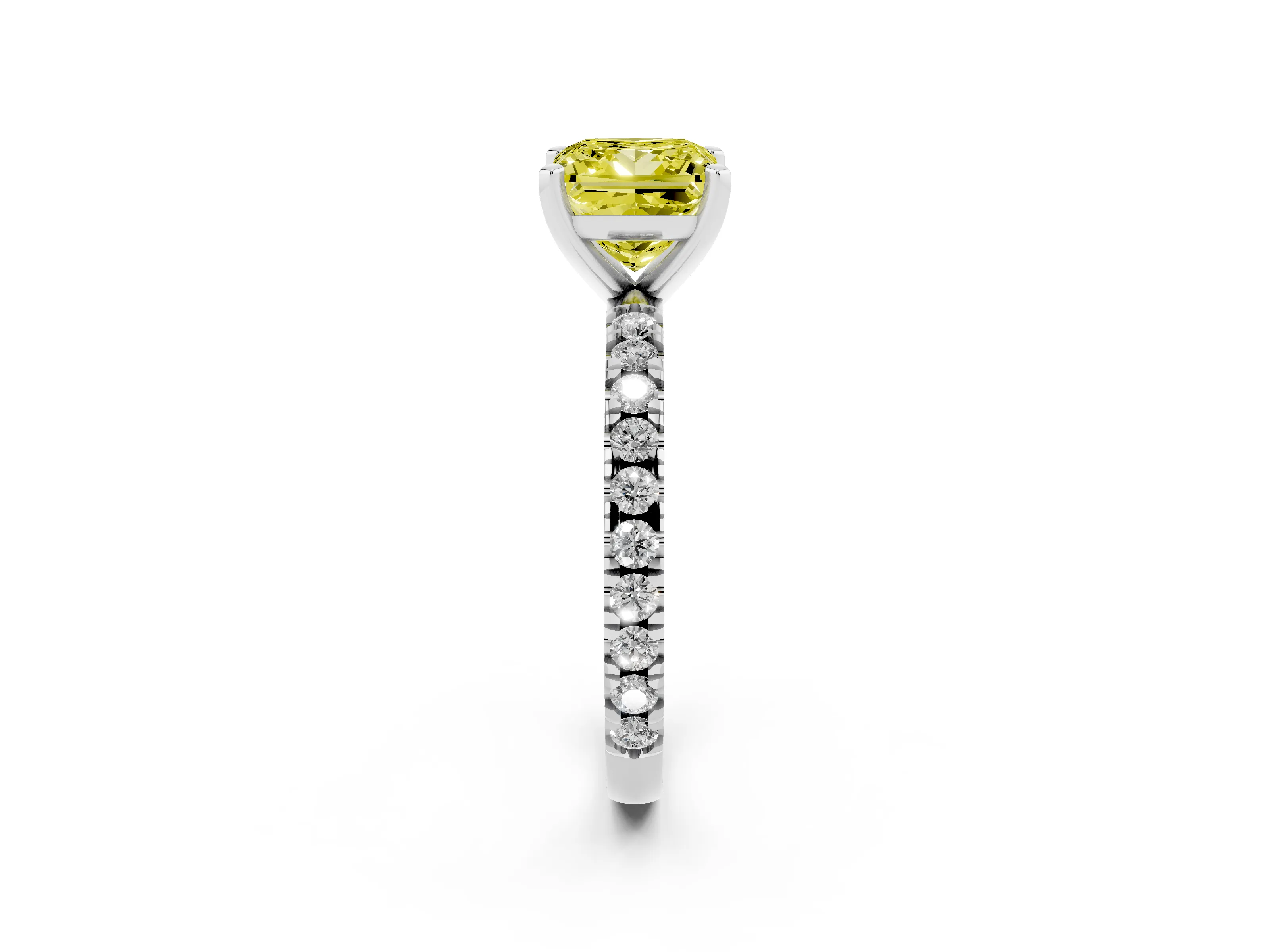 Fancy Yellow Princess Cut Diamond Pavé Band Solitaire Set in White gold with Prong Setting