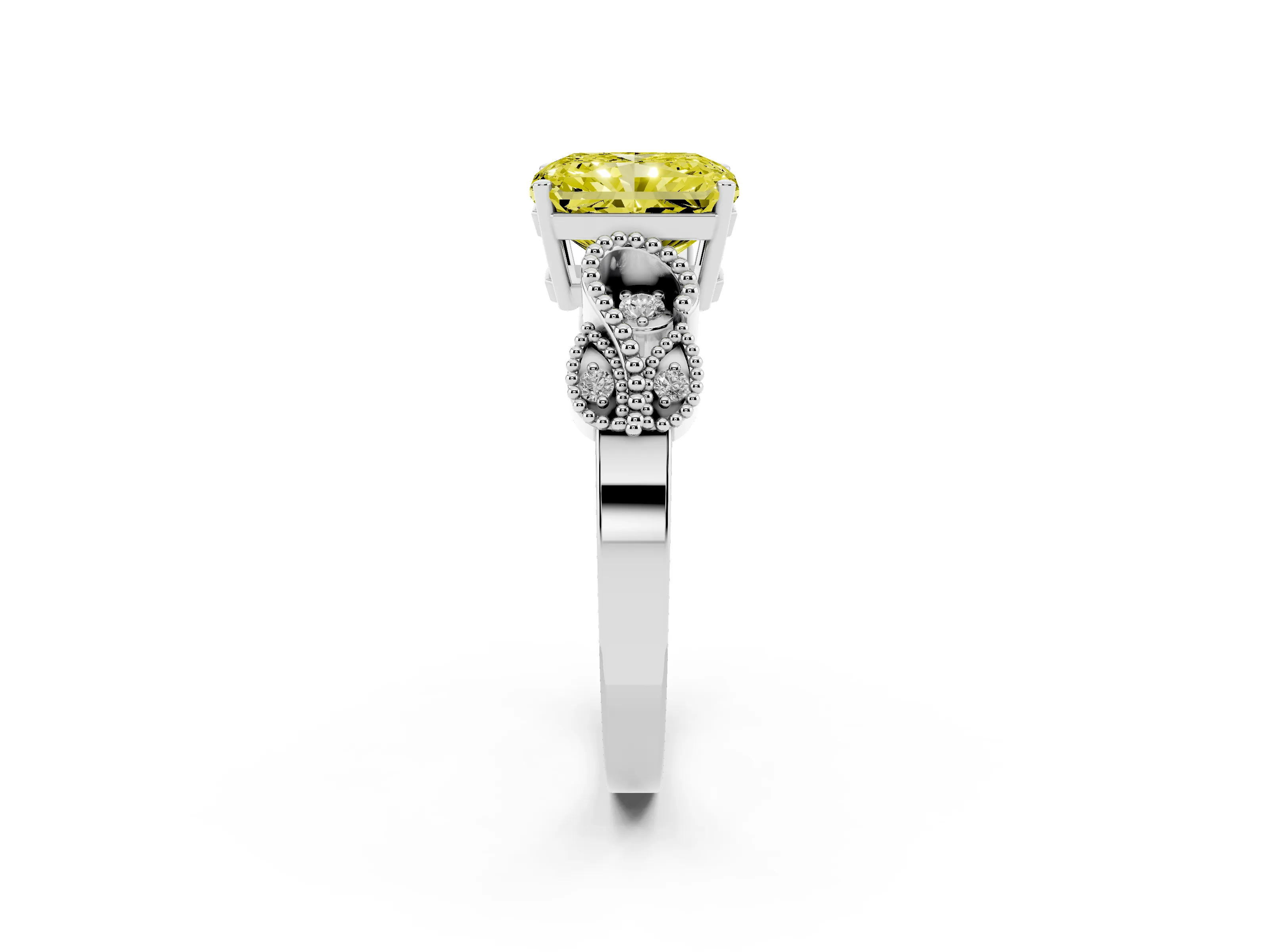 Fancy Yellow Princess Cut Diamond Milgrain Leaf Band Solitaire Ring Set in Silver with Accent Stones and Prong Setting