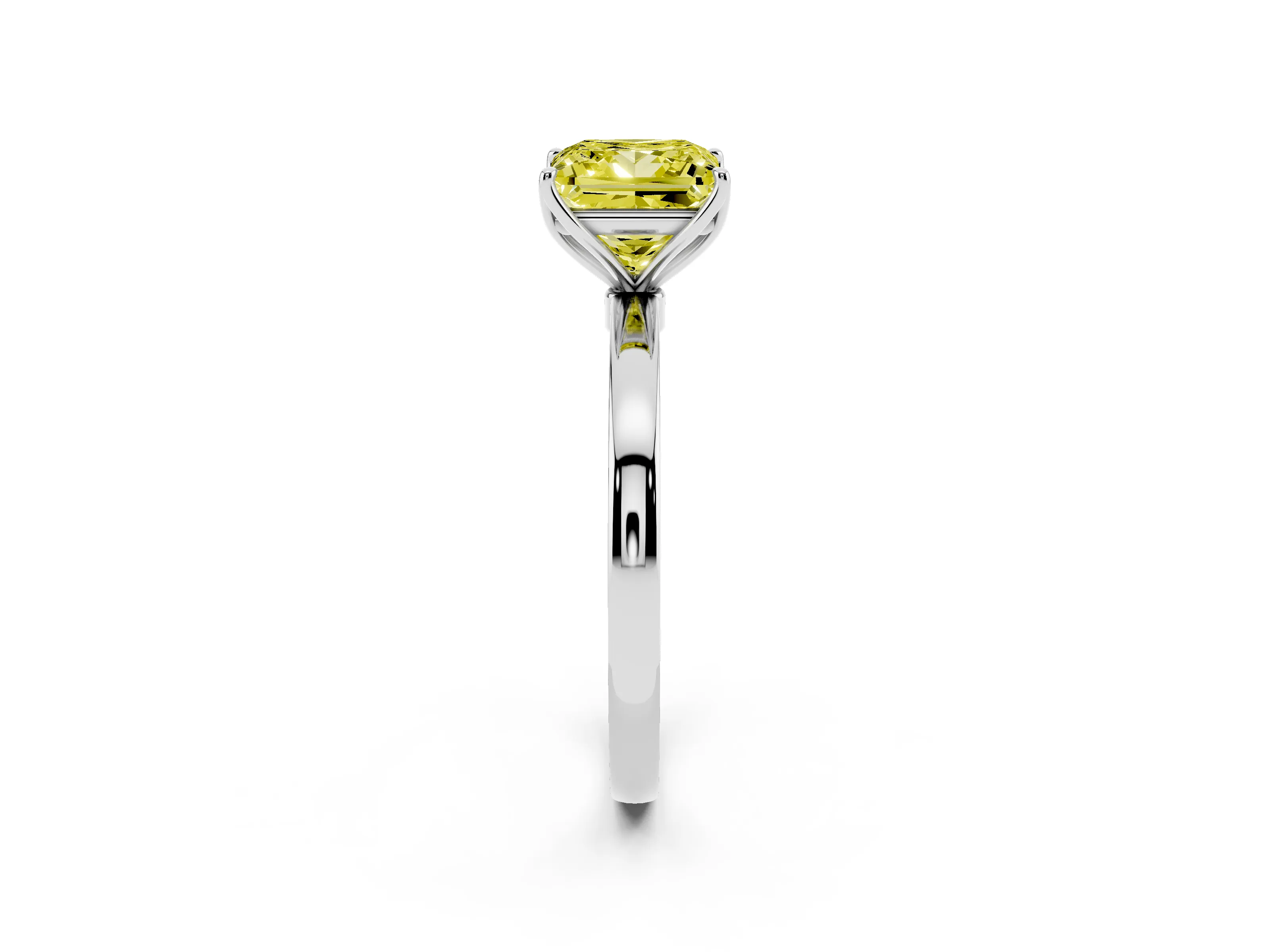Fancy Yellow Princess Cut Diamond Solitaire Ring Set in White gold with Prong Setting and Thin Polished Band