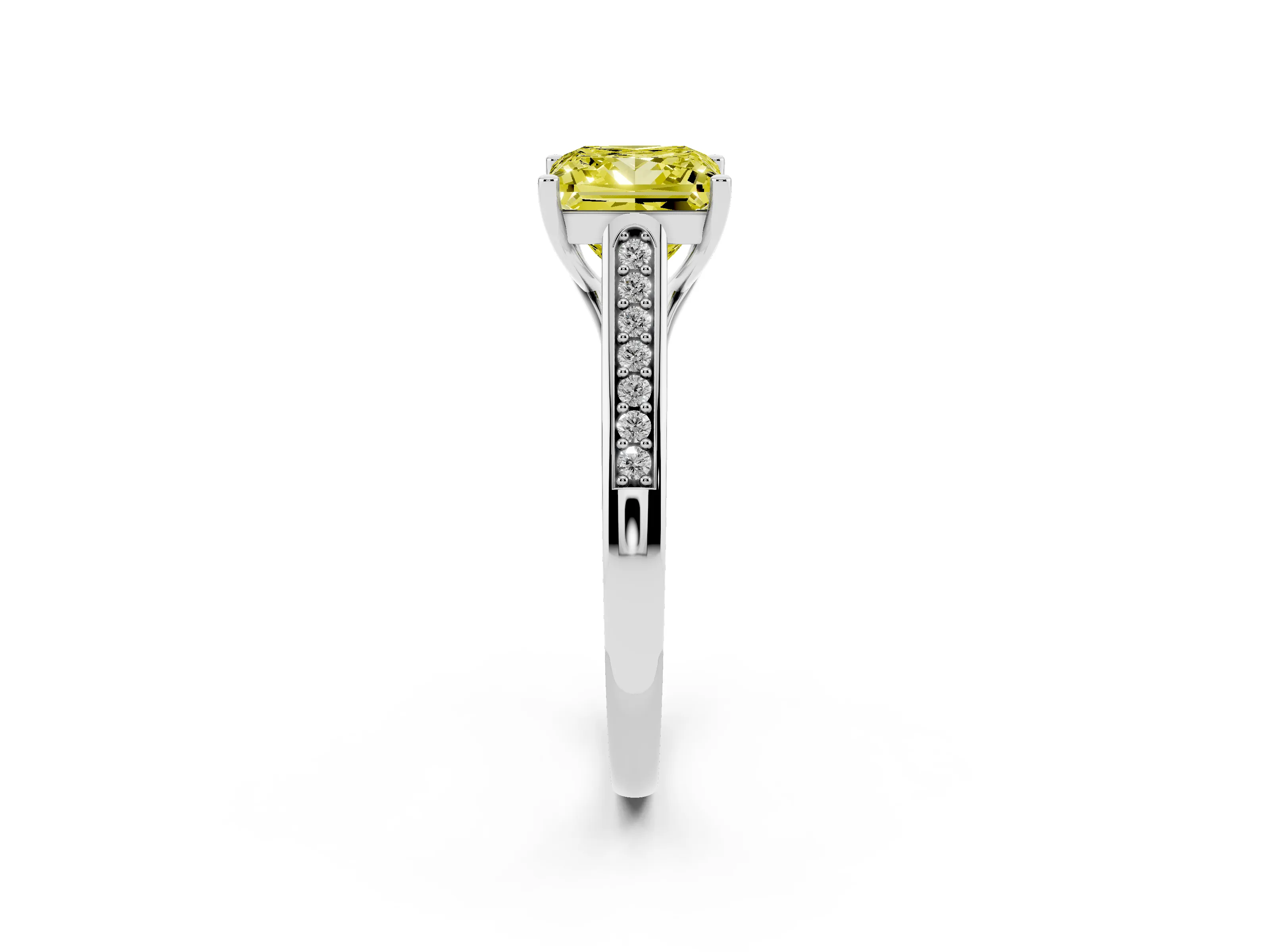 Fancy Yellow Princess Cut Diamond Solitaire Cathedral Engagement Ring Set in Platinum with Channel-Set Band and Prong Setting