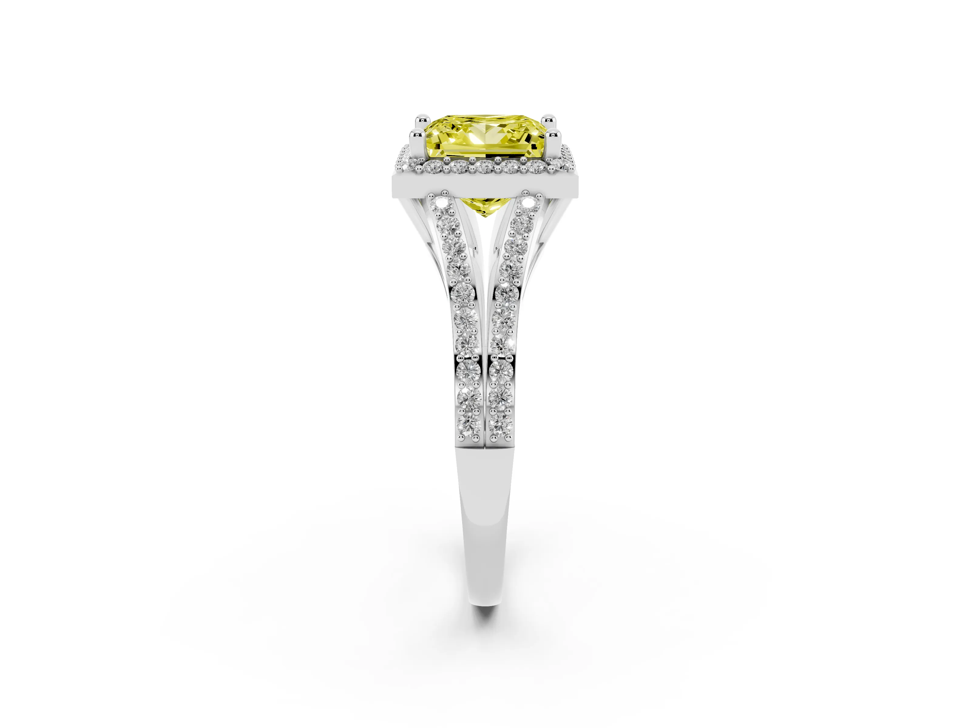 Fancy Yellow Princess Cut Diamond Halo Split Shank Pavé Ring Set in Silver with Prong Setting