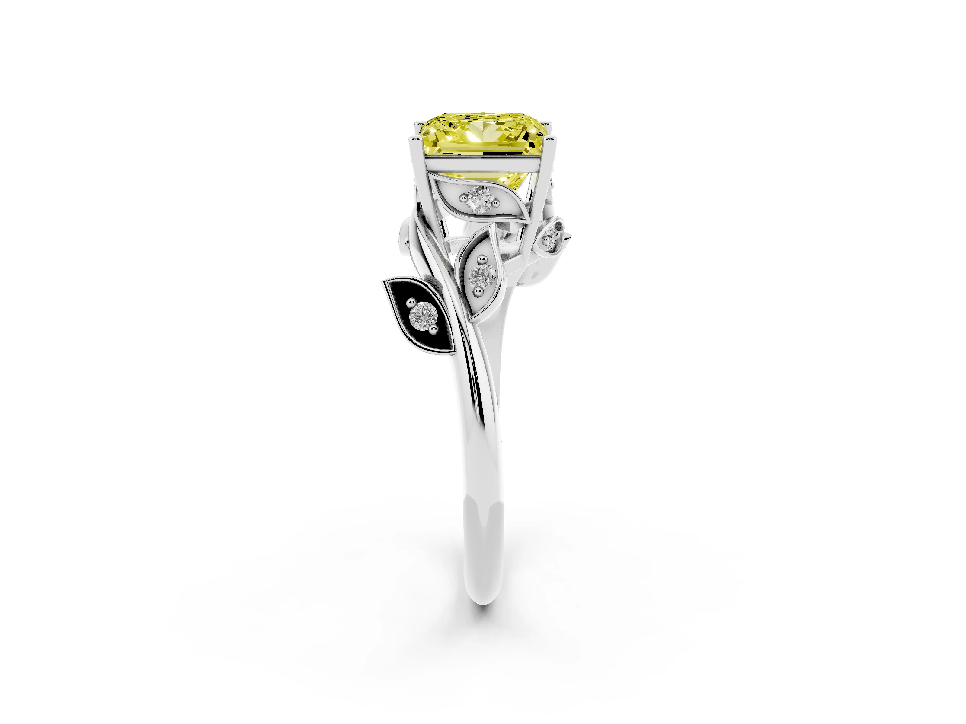 Fancy Yellow Princess Cut Diamond Solitaire Twist Engagement Ring Set in White gold with Pavé Leaf Accents