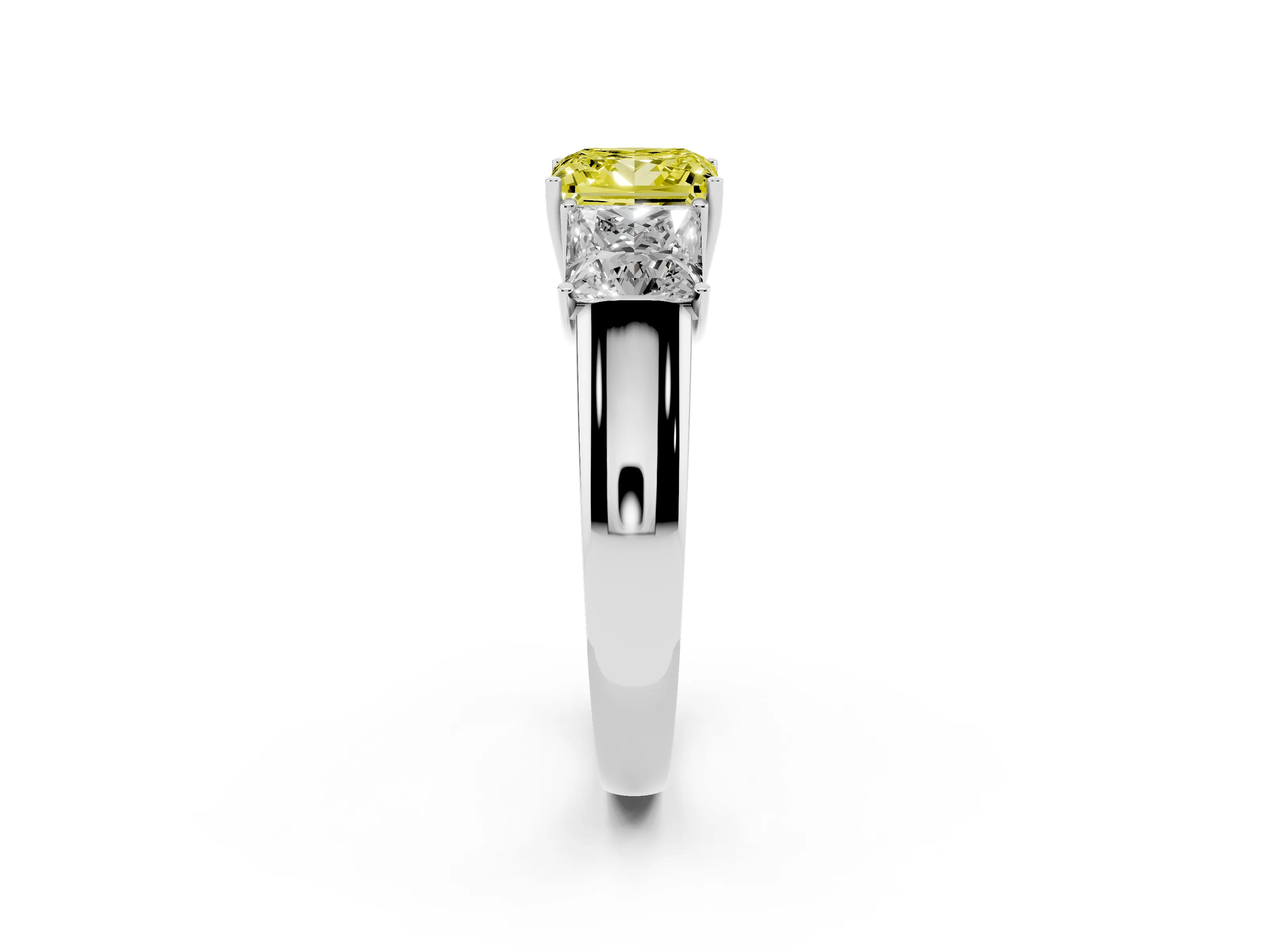 Fancy Yellow Three-Stone Princess Cut Diamond Ring Set in Platinum with Matching Prong Settings and Plain Band