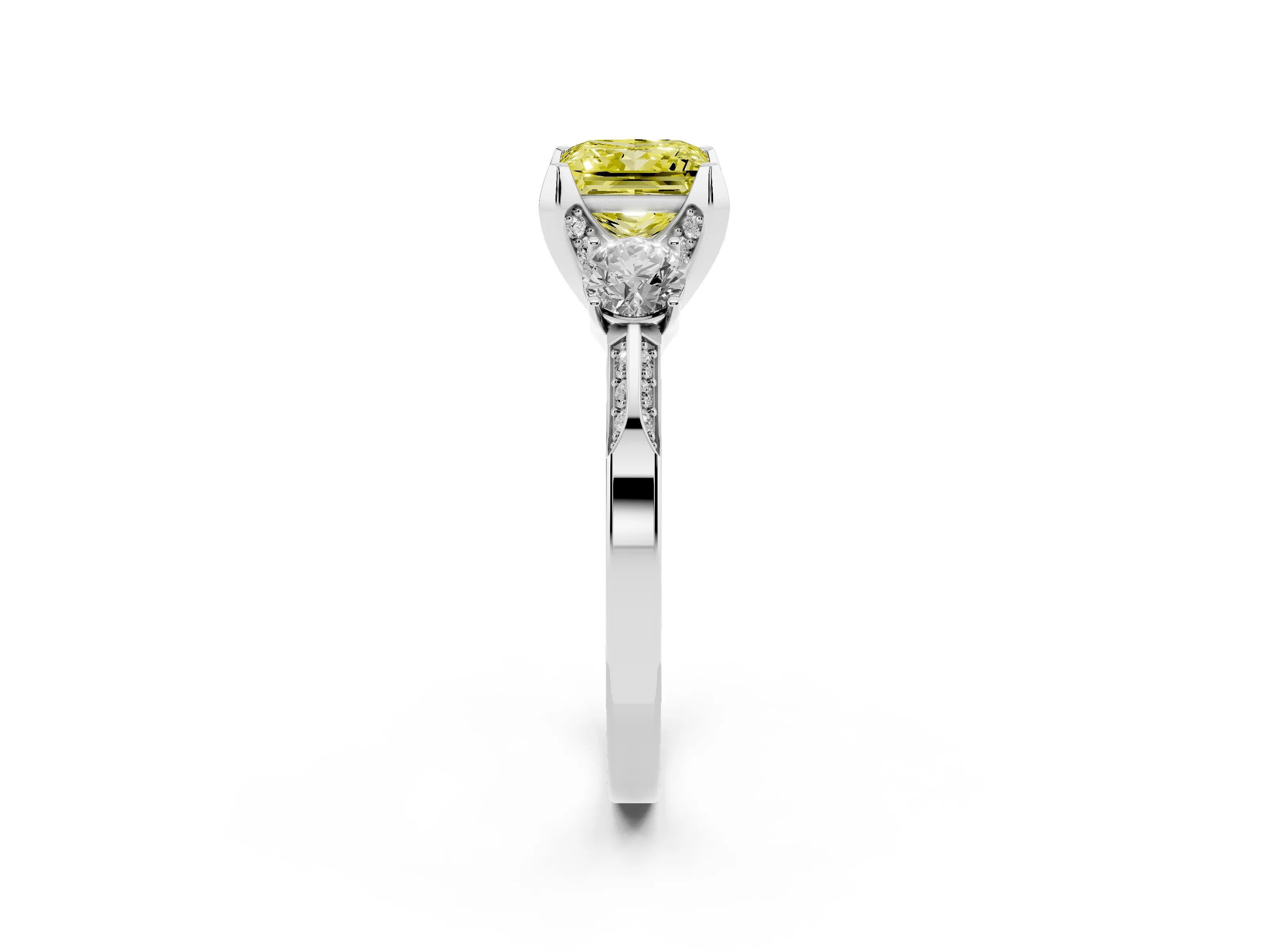 Fancy Yellow Princess Cut Diamond Three-Stone Ring Set in White gold with Pavé Band and Smaller Side Stones