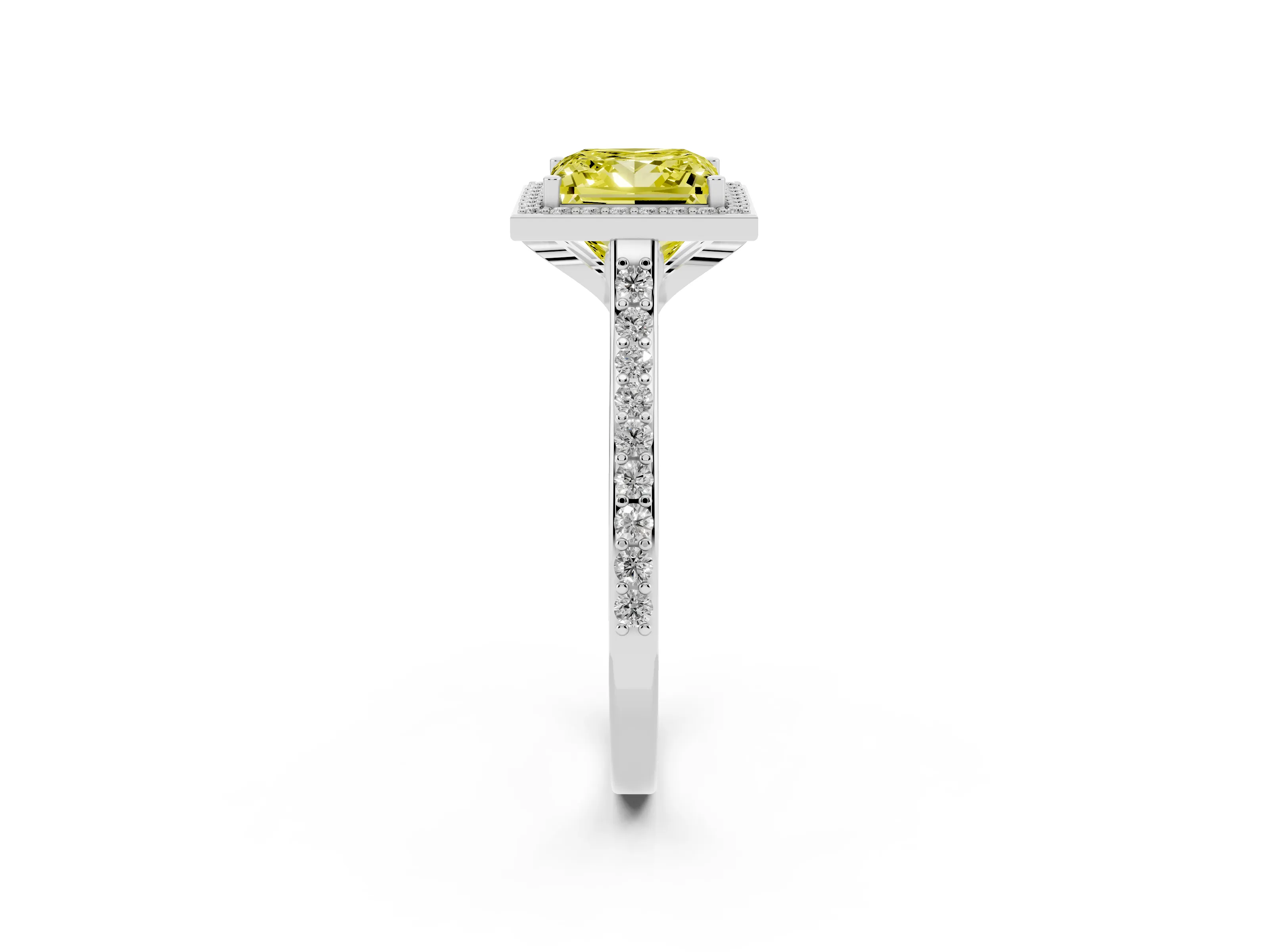 Fancy Yellow Princess Cut Diamond Halo Engagement Ring Set in White gold with Round Pavé Shoulders and Heart Gallery