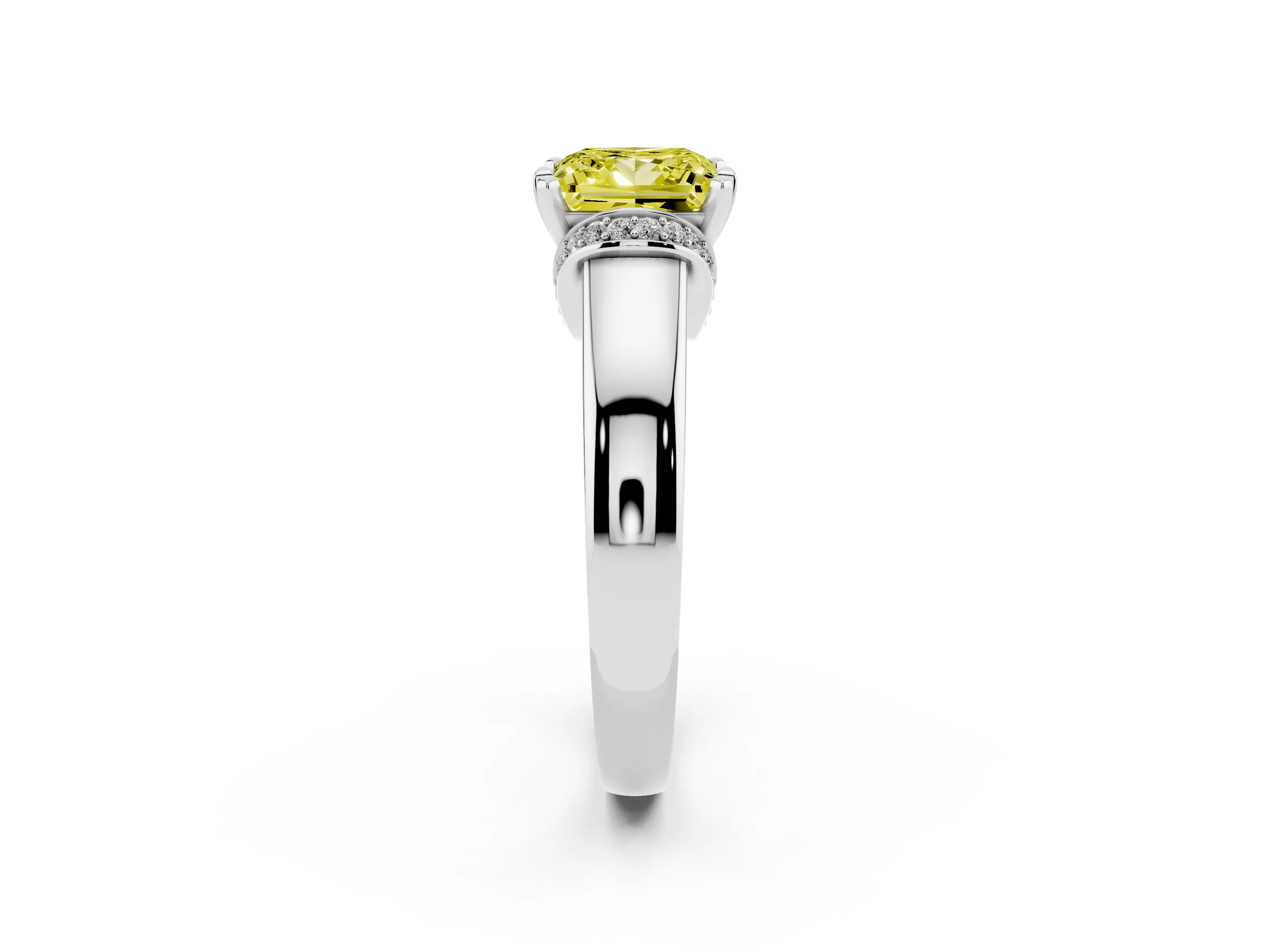 Fancy Yellow Princess Cut Diamond Pavé Band Solitaire Ring Set in Silver with Prong Setting