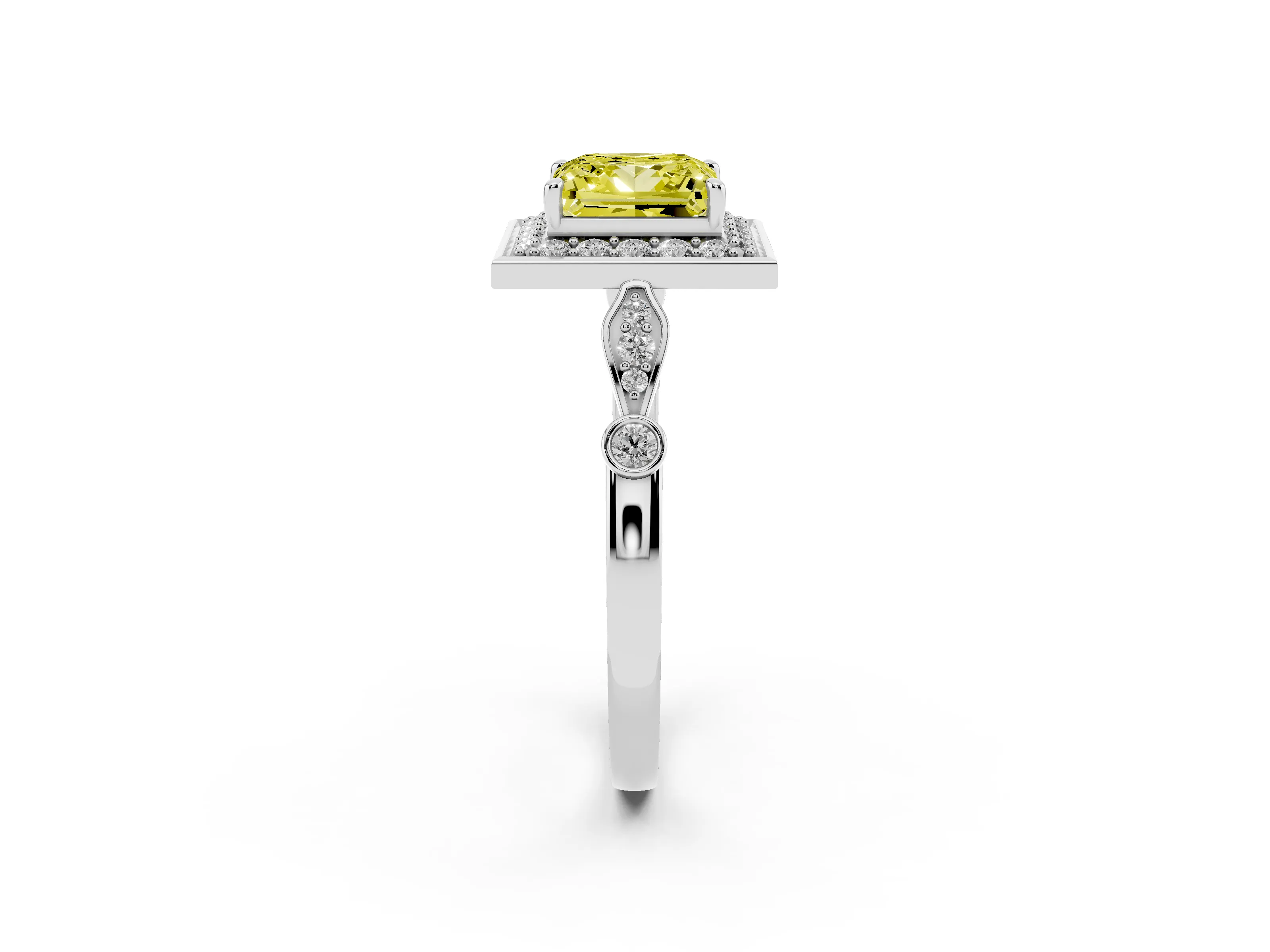 Fancy Yellow Princess Cut Diamond Halo Engagement Ring Set in Platinum with Twisted Band and Prong Setting