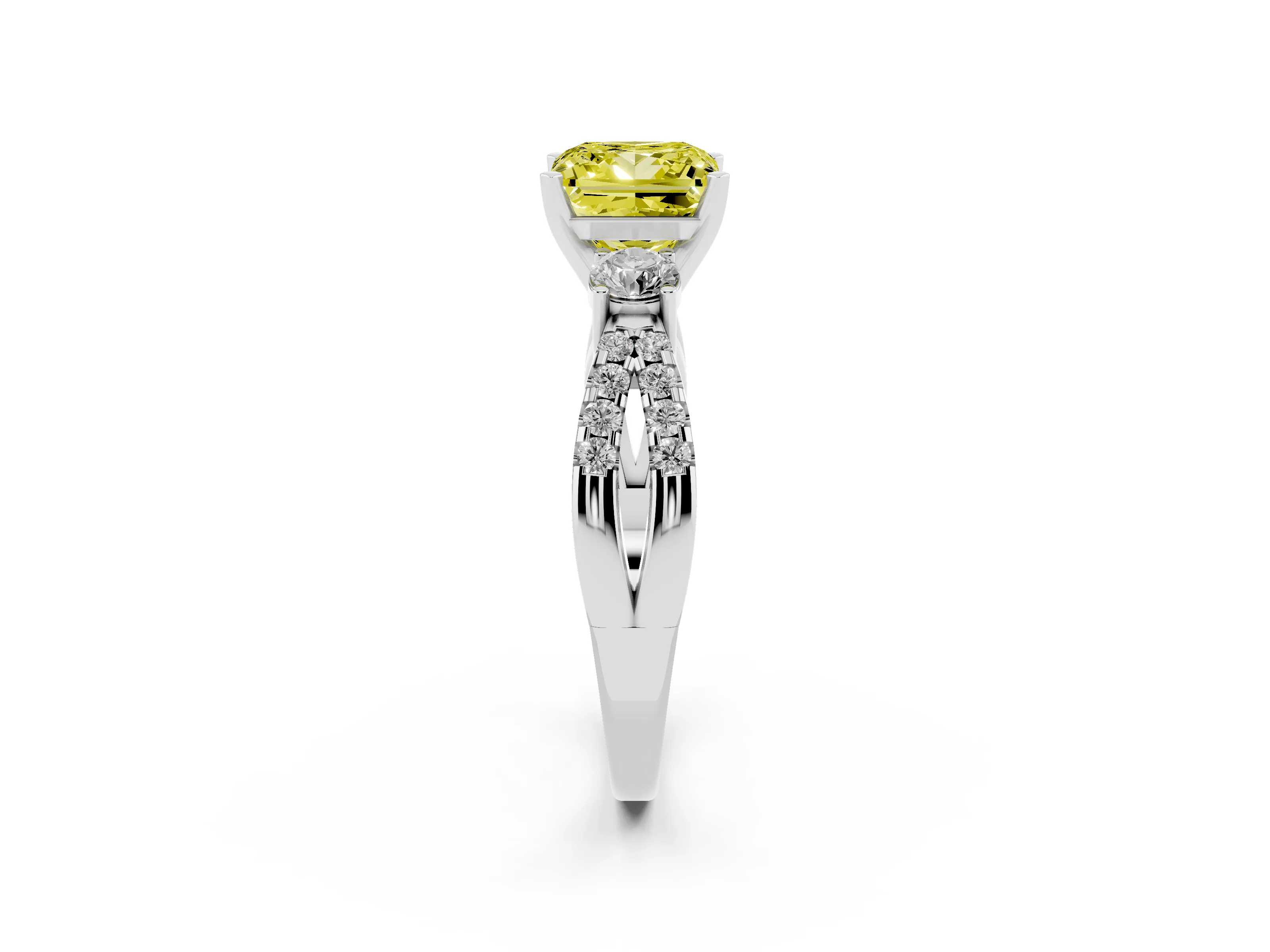 Fancy Yellow Princess Cut Diamond Three-Stone Ring Set in White gold with Pavé Split Shank and Prong Setting
