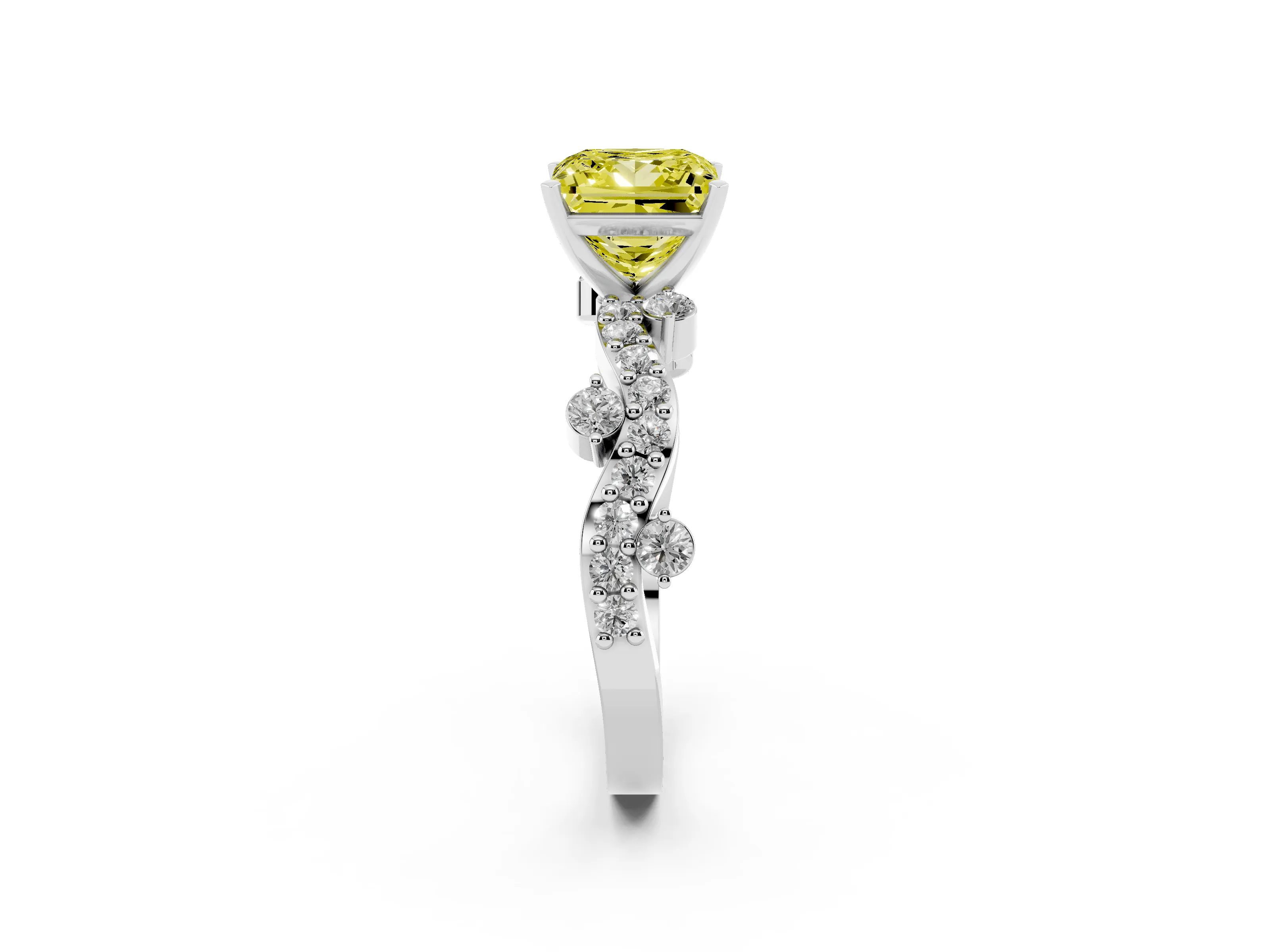 Fancy Yellow Princess Cut Diamond Solitaire Twisted Band Set in White gold with Pavé Setting