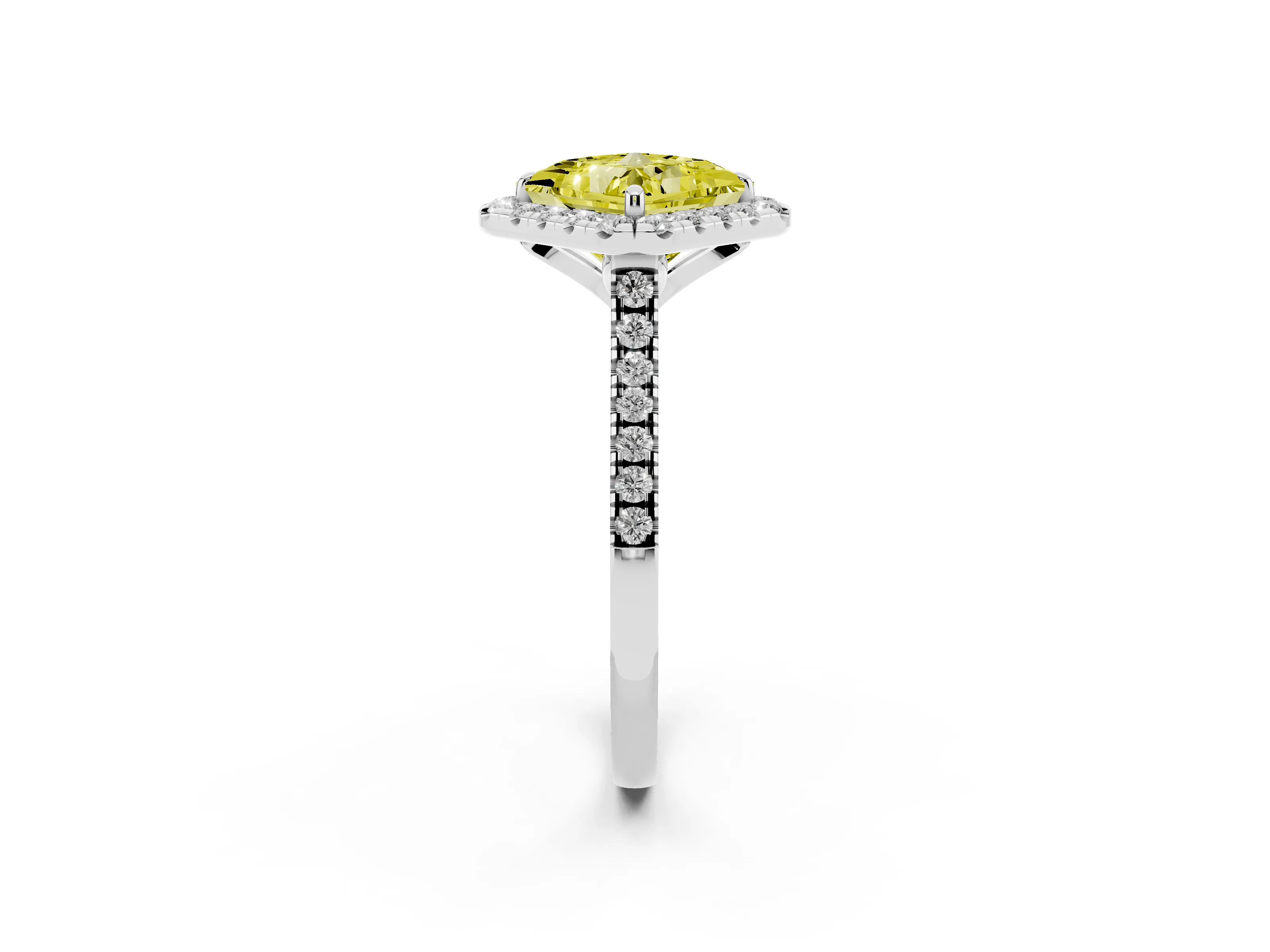 Fancy Yellow Princess Cut Diamond Cushion Halo Ring Set in White gold with Pavé Band