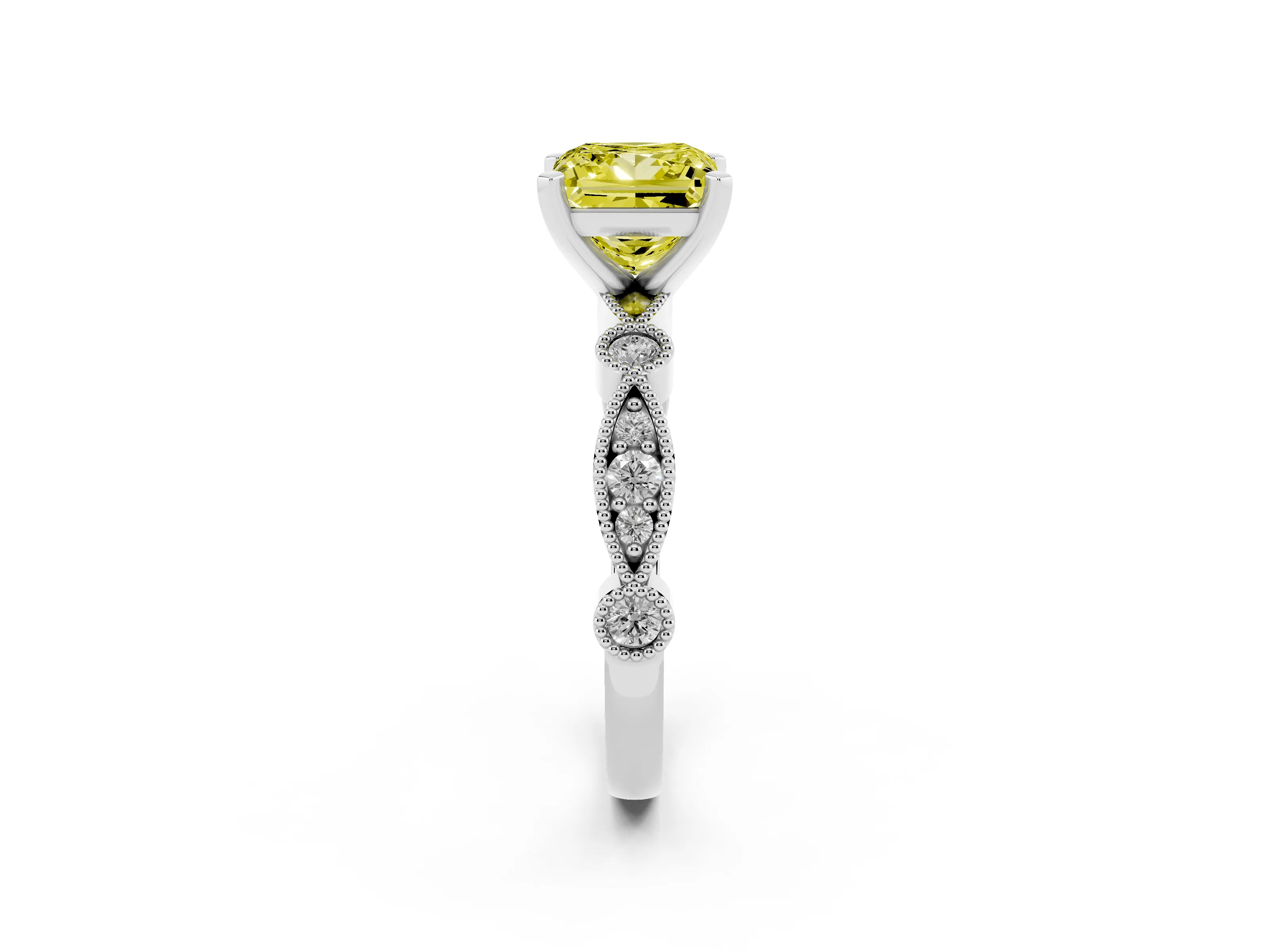 Fancy Yellow Princess Cut Diamond Solitaire Engagement Ring Set in Silver with Milgrain Bezel Accent Band