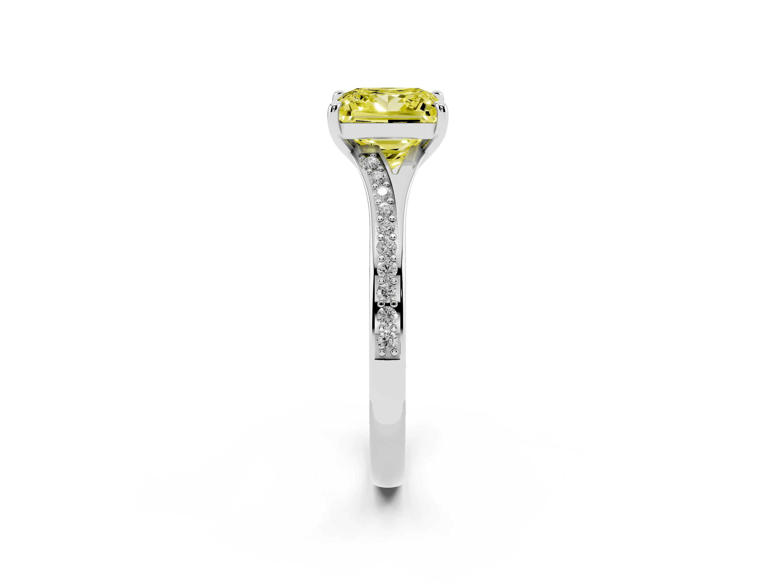 Fancy Yellow Princess Cut Diamond Solitaire Ring Set in Silver with Pavé Accent Band and Classic Prong Setting