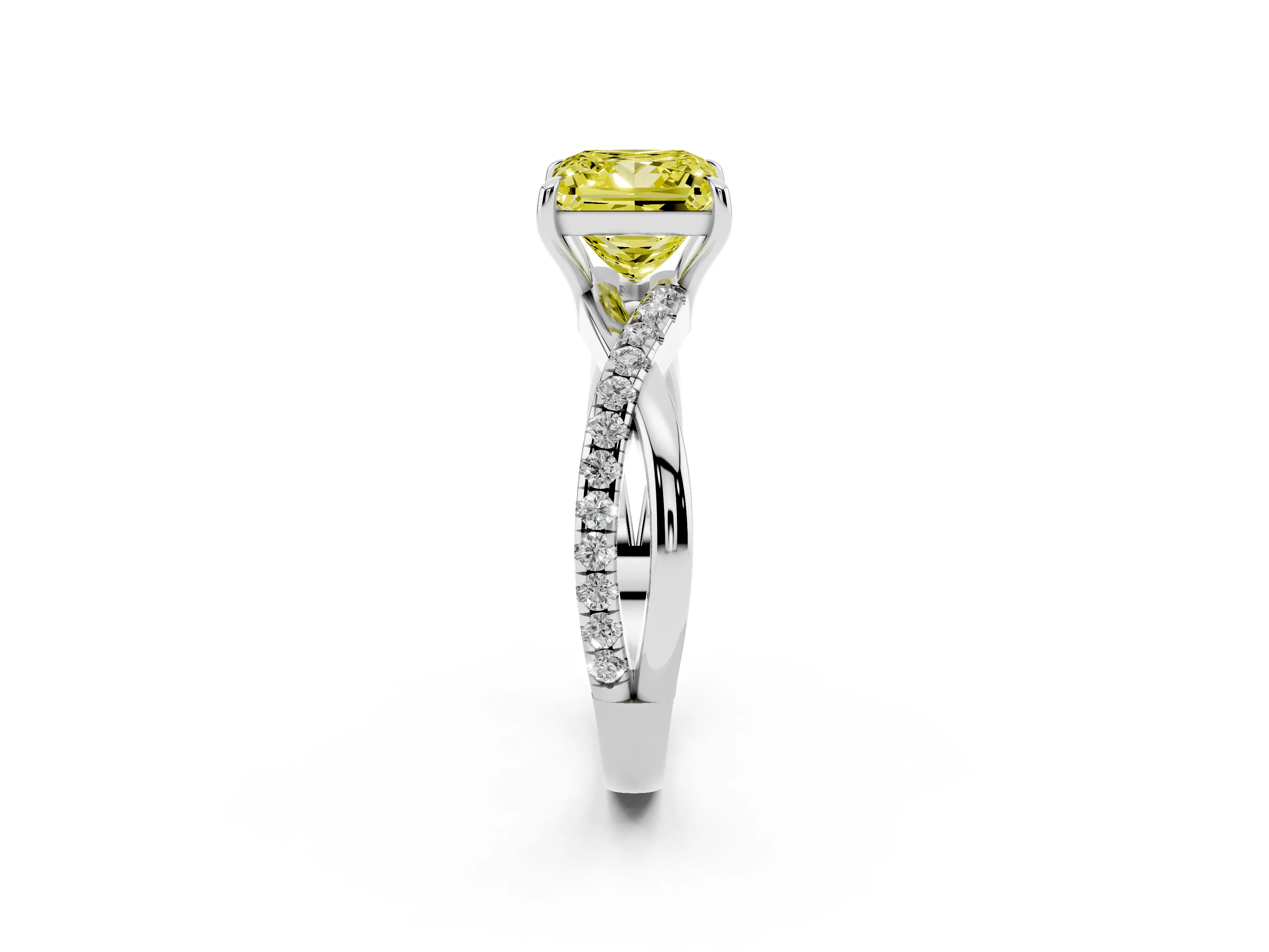 Fancy Yellow Princess Cut Diamond Twisted Pavé Band Ring Set in Silver with Prong Setting