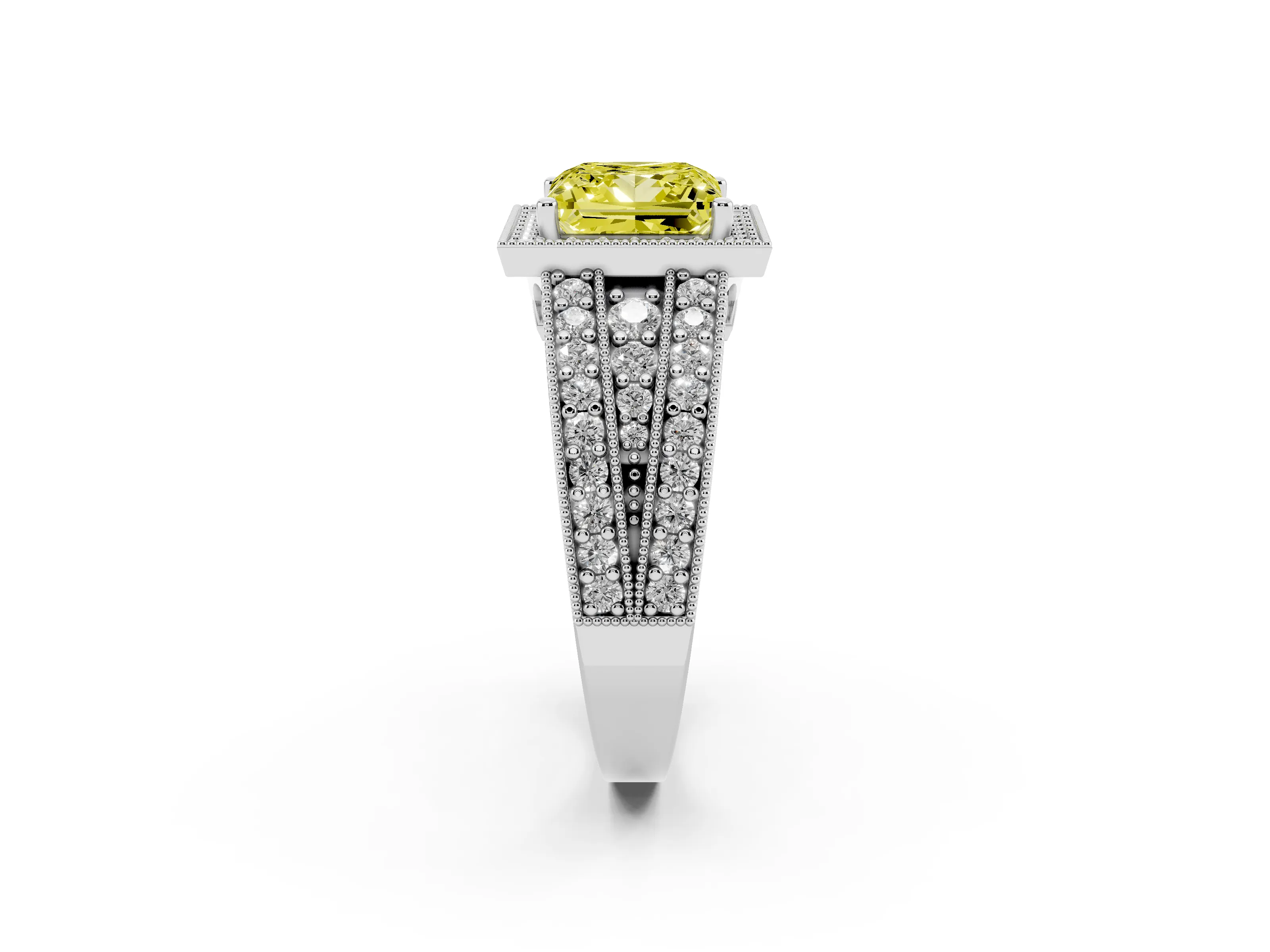 Fancy Yellow Princess Cut Diamond Halo Ring Set in White gold with Accent Split Shank and Prong Setting
