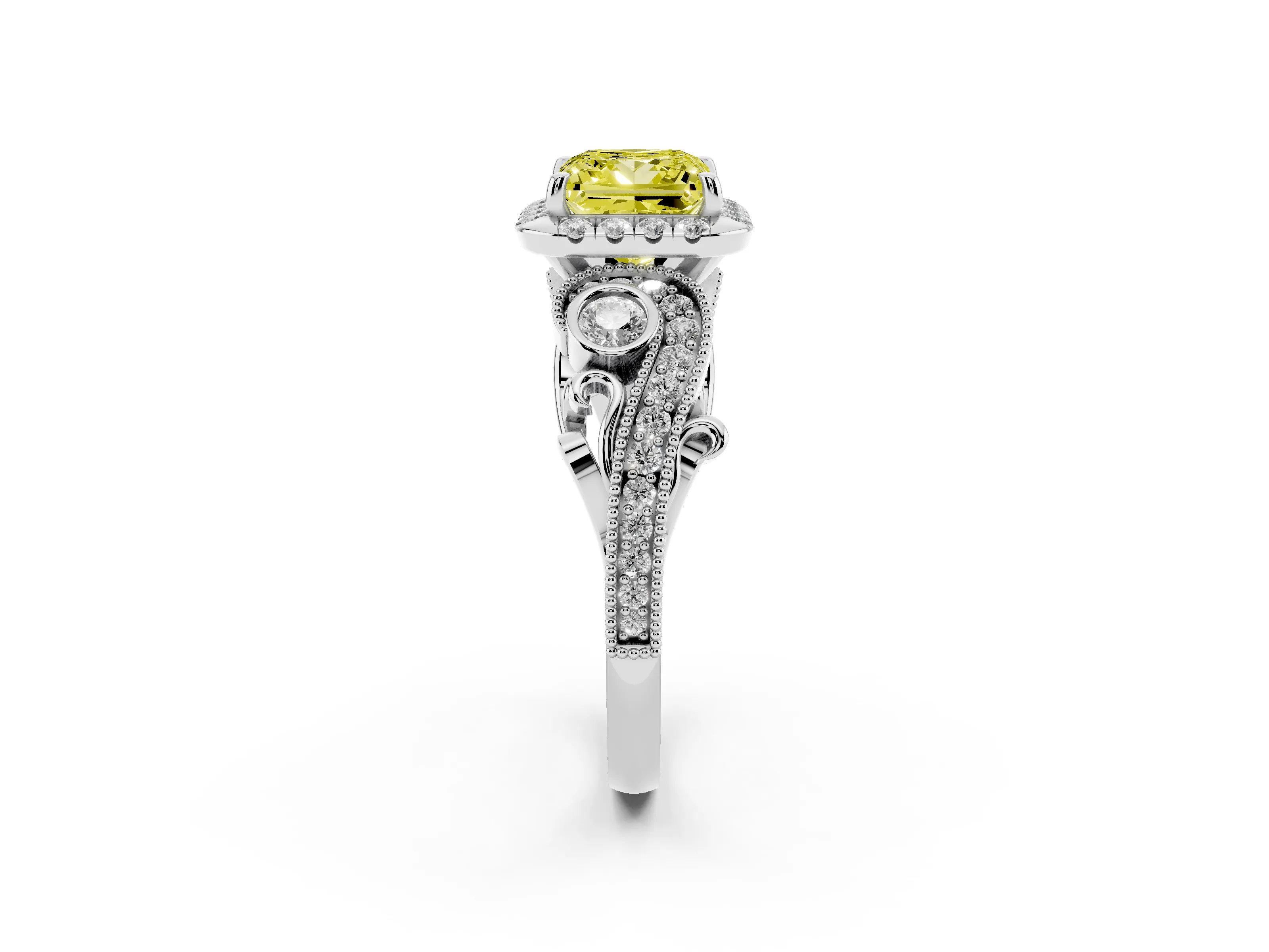 Fancy Yellow Princess Cut Diamond Halo Ring Set in Platinum with Milgrain Pavé Band and Prong Setting