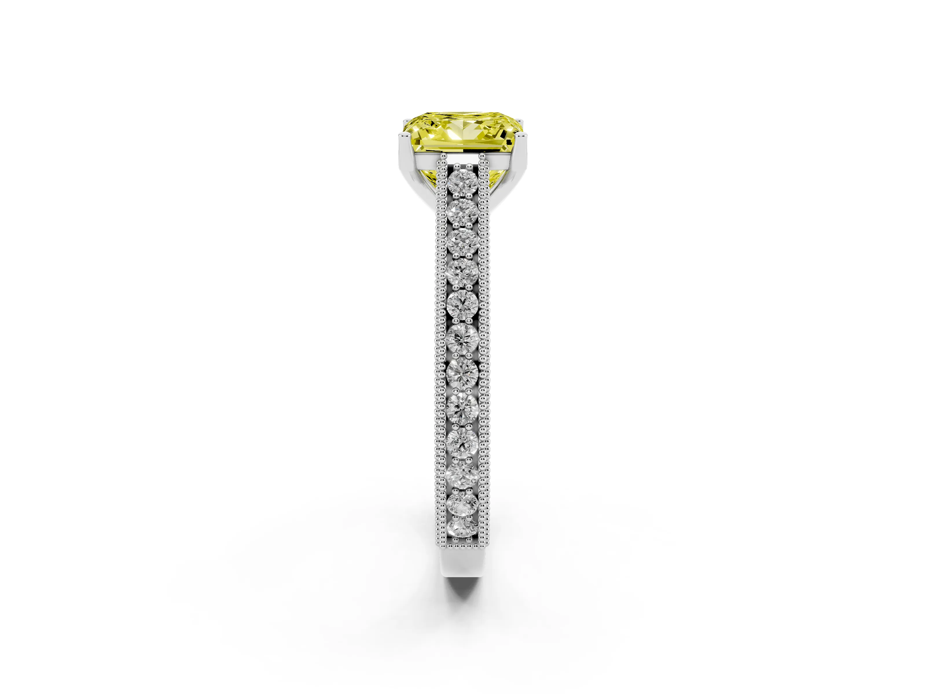 Fancy Yellow Princess Cut Diamond Milgrain Pavé Band Solitaire Ring Set in Platinum with Prong Setting