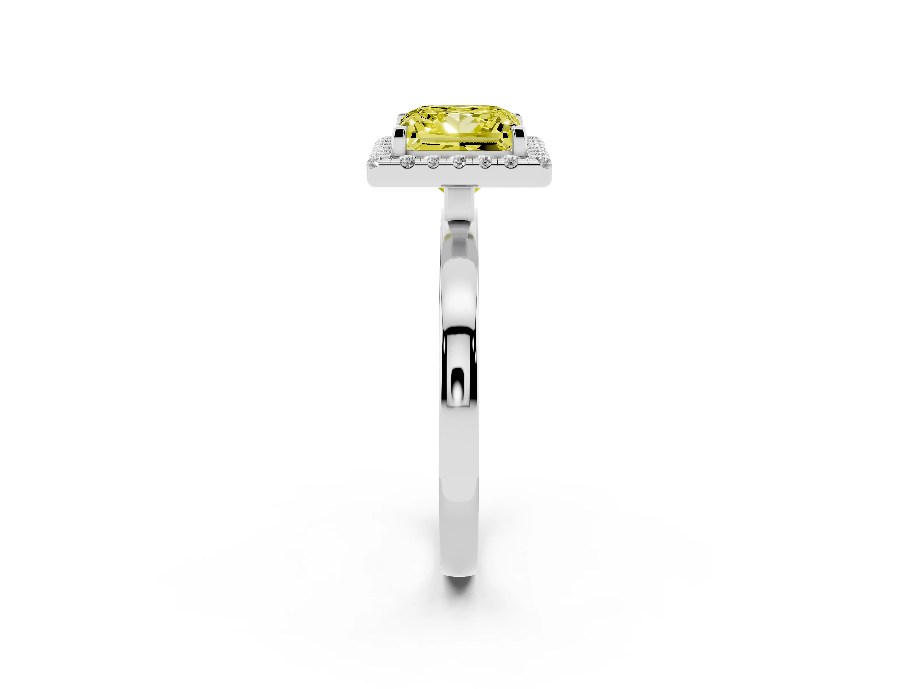 Fancy Yellow Princess Cut Diamond Halo Solitaire Ring Set in White gold with Pavé Band and Prong Setting