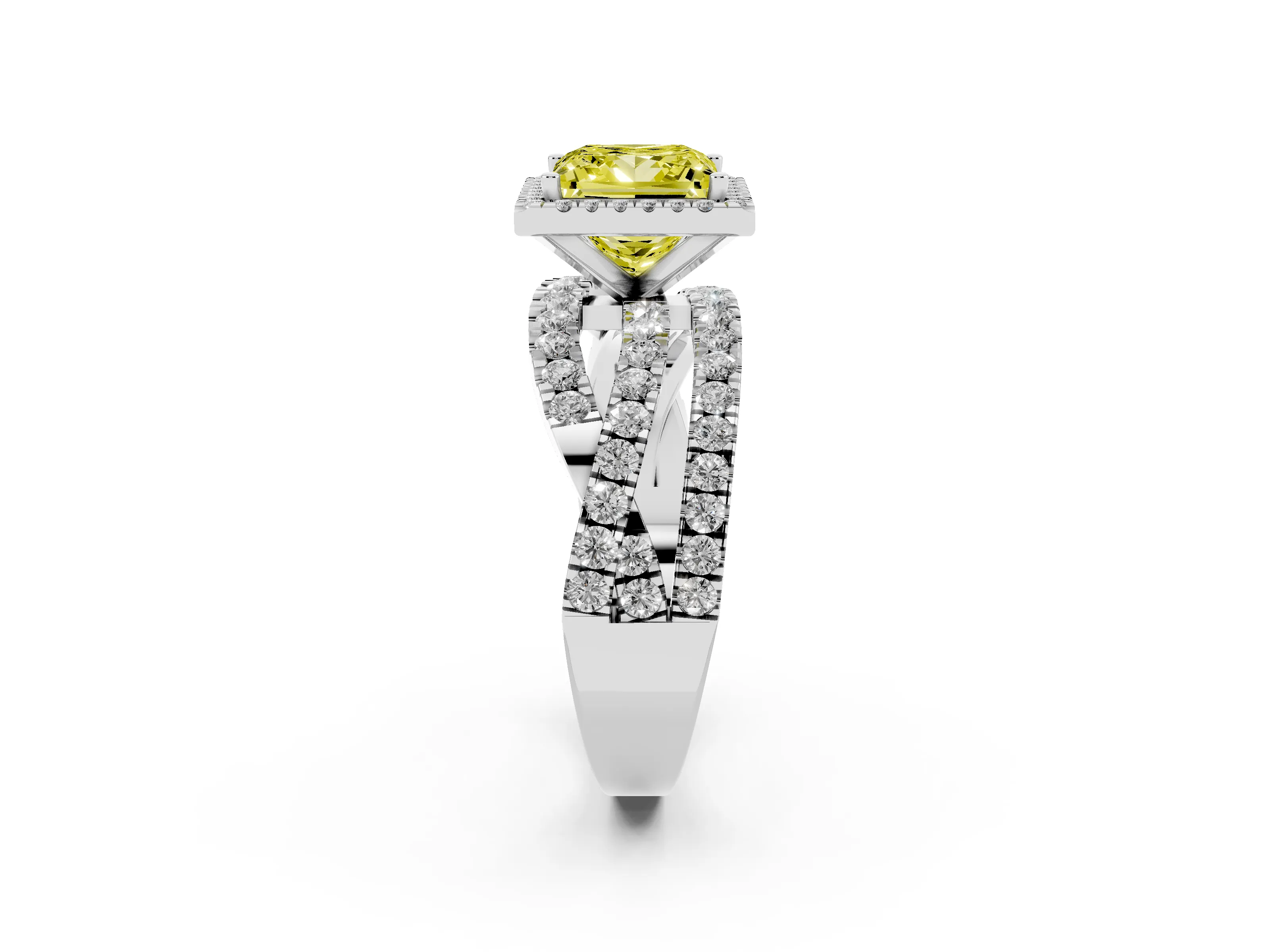 Fancy Yellow Princess Cut Diamond Halo Ring Set in Silver with Round Crossover Split Shank and Prong Setting