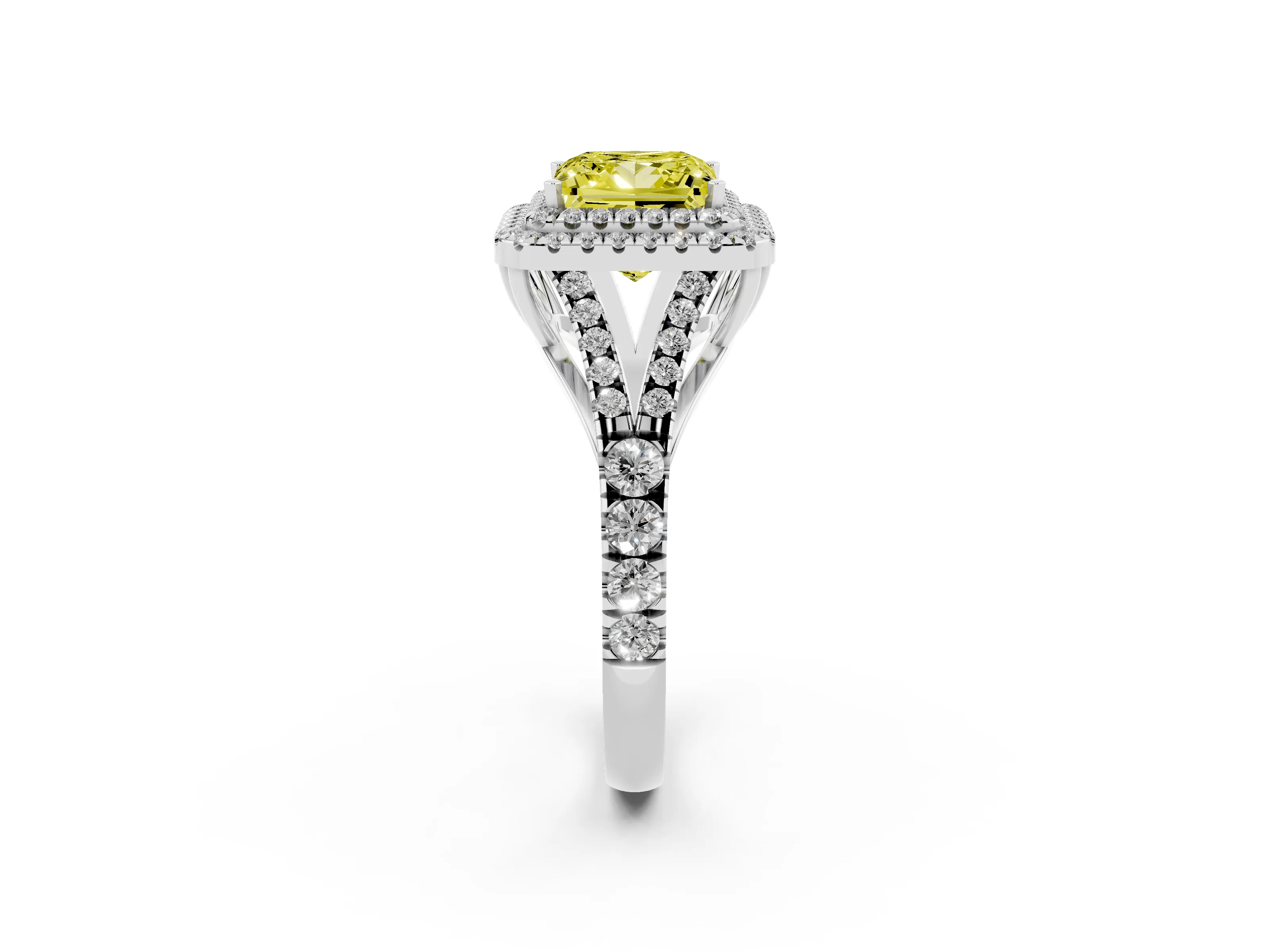 Fancy Yellow Princess Cut Diamond Pavé Split Shank Double Halo Engagement Ring Set in Platinum