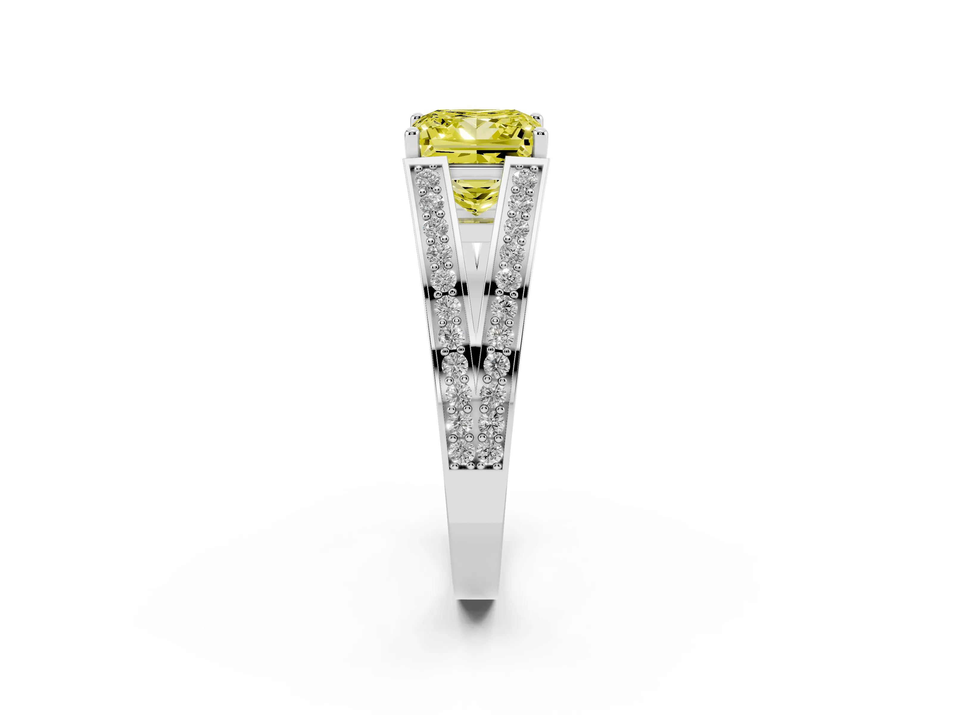 Fancy Yellow Princess Cut Diamond Split Shank Ring Set in Platinum with Pavé Band and Prong Setting