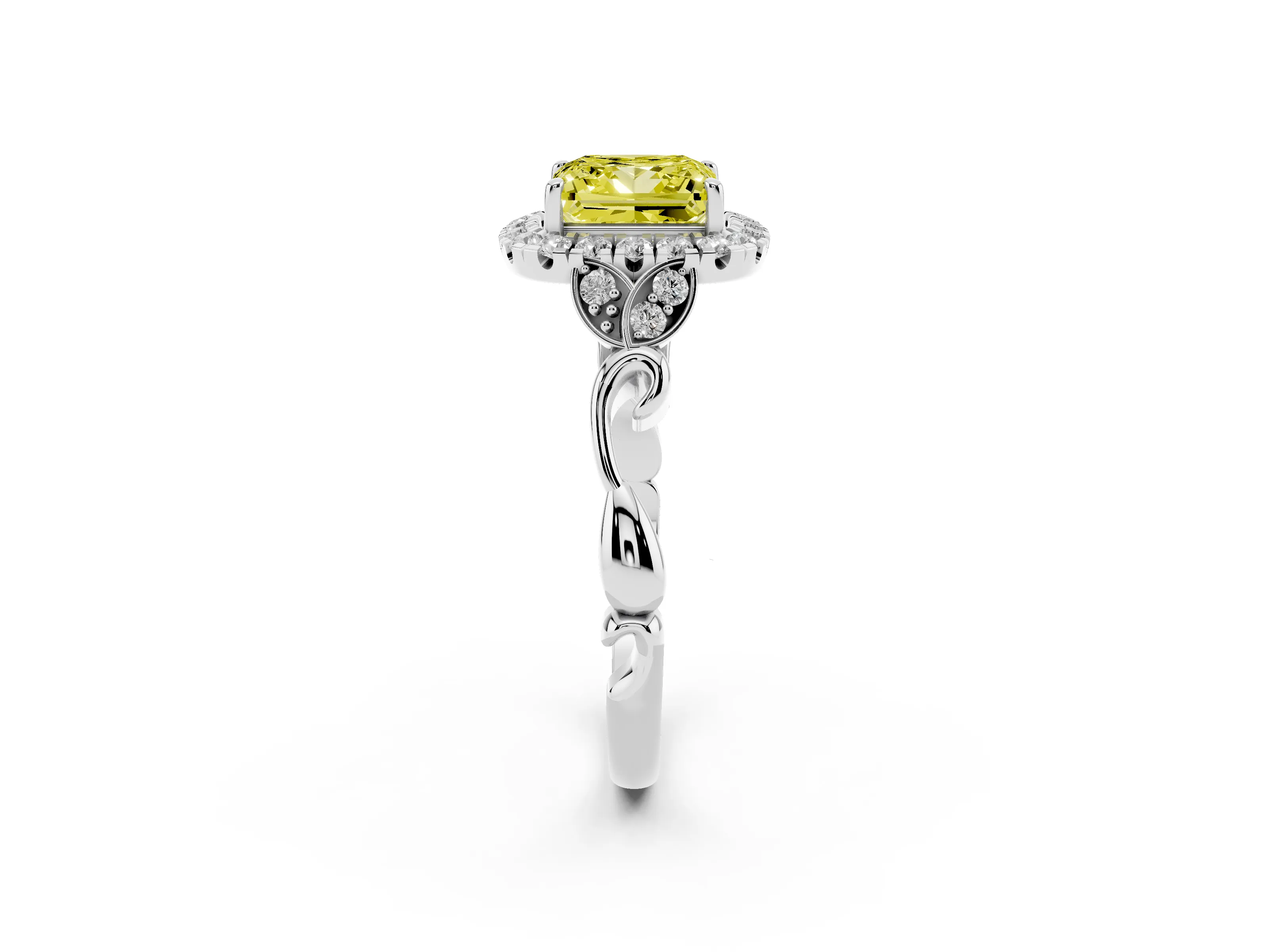 Fancy Yellow Princess Cut Diamond Halo Engagement Ring Set in Platinum with Vintage-Inspired Band and Prong Setting