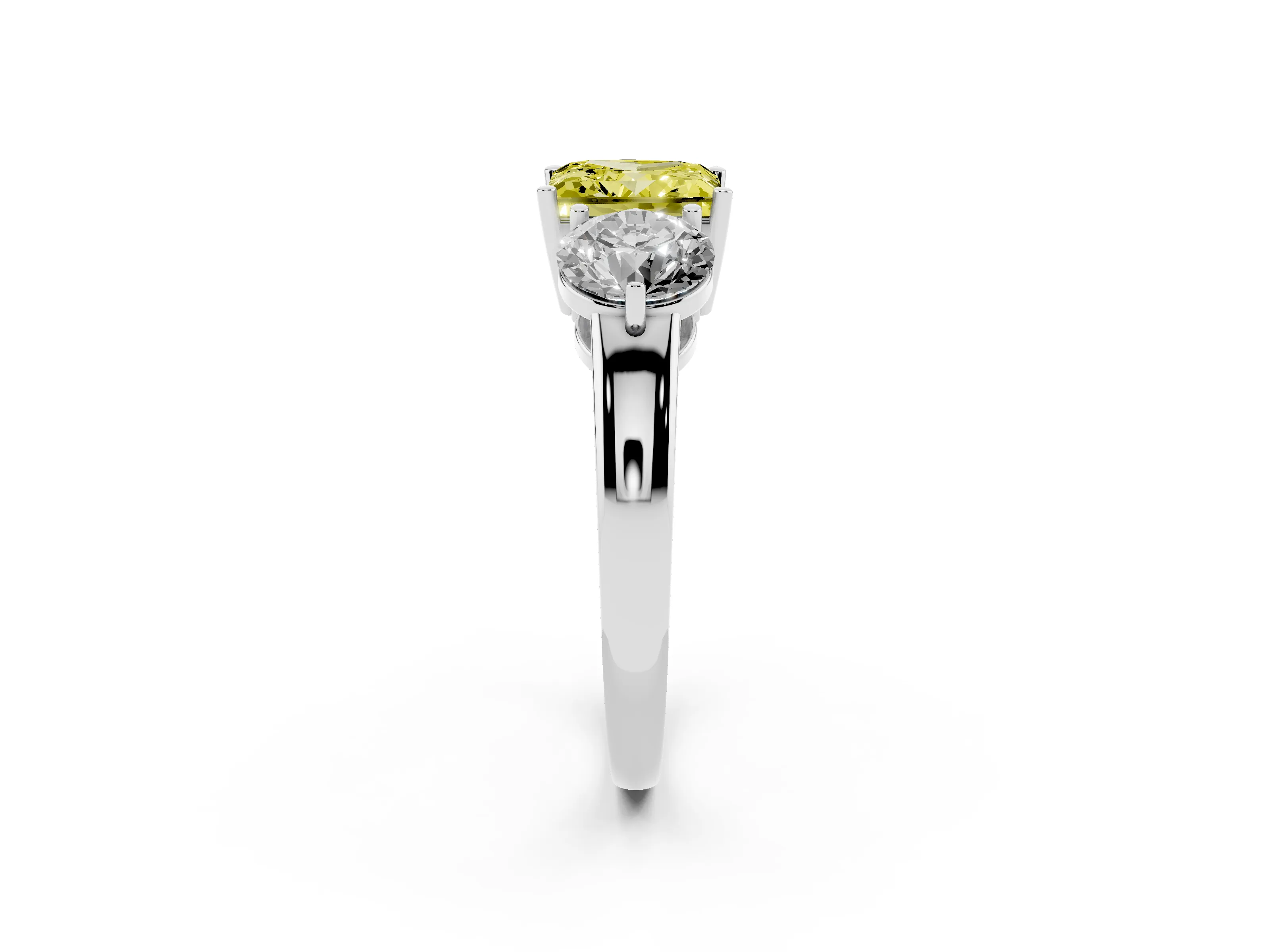 Fancy Yellow Princess Cut Diamond Three-Stone Ring Set in Platinum with Prong Setting and Plain Band