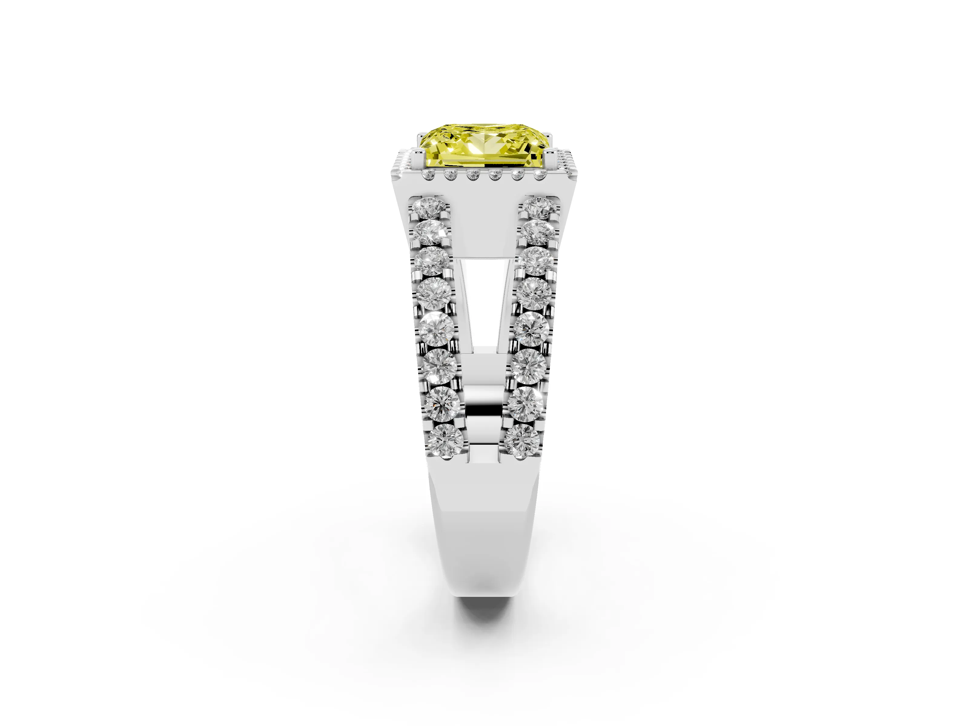 Fancy Yellow Princess Cut Diamond Halo Ring Set in Platinum with Pavé Split Shank and Prong Setting