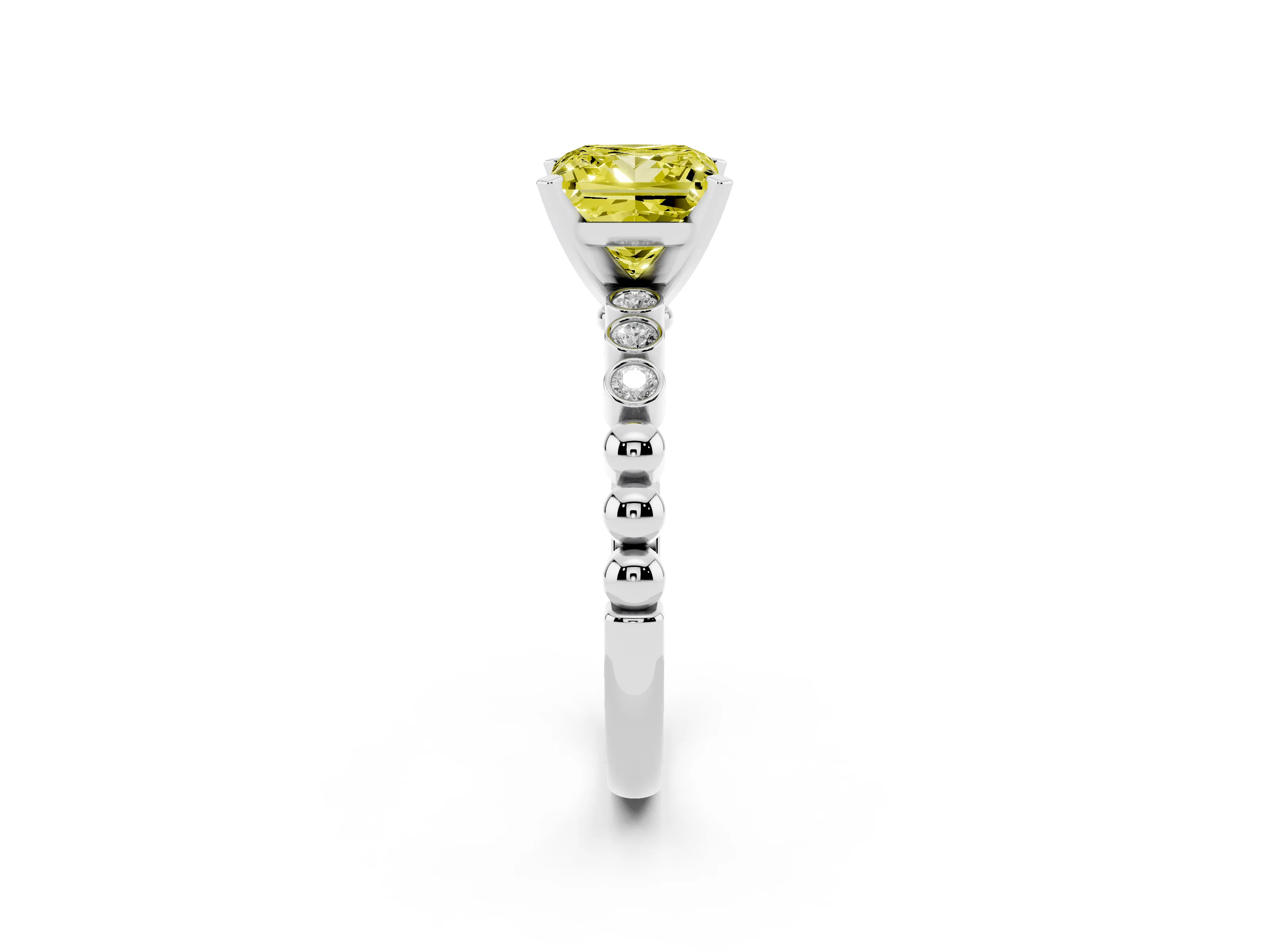 Fancy Yellow Princess Cut Diamond Solitaire Engagement Ring Set in Silver with Bezel Accents on Beaded Band