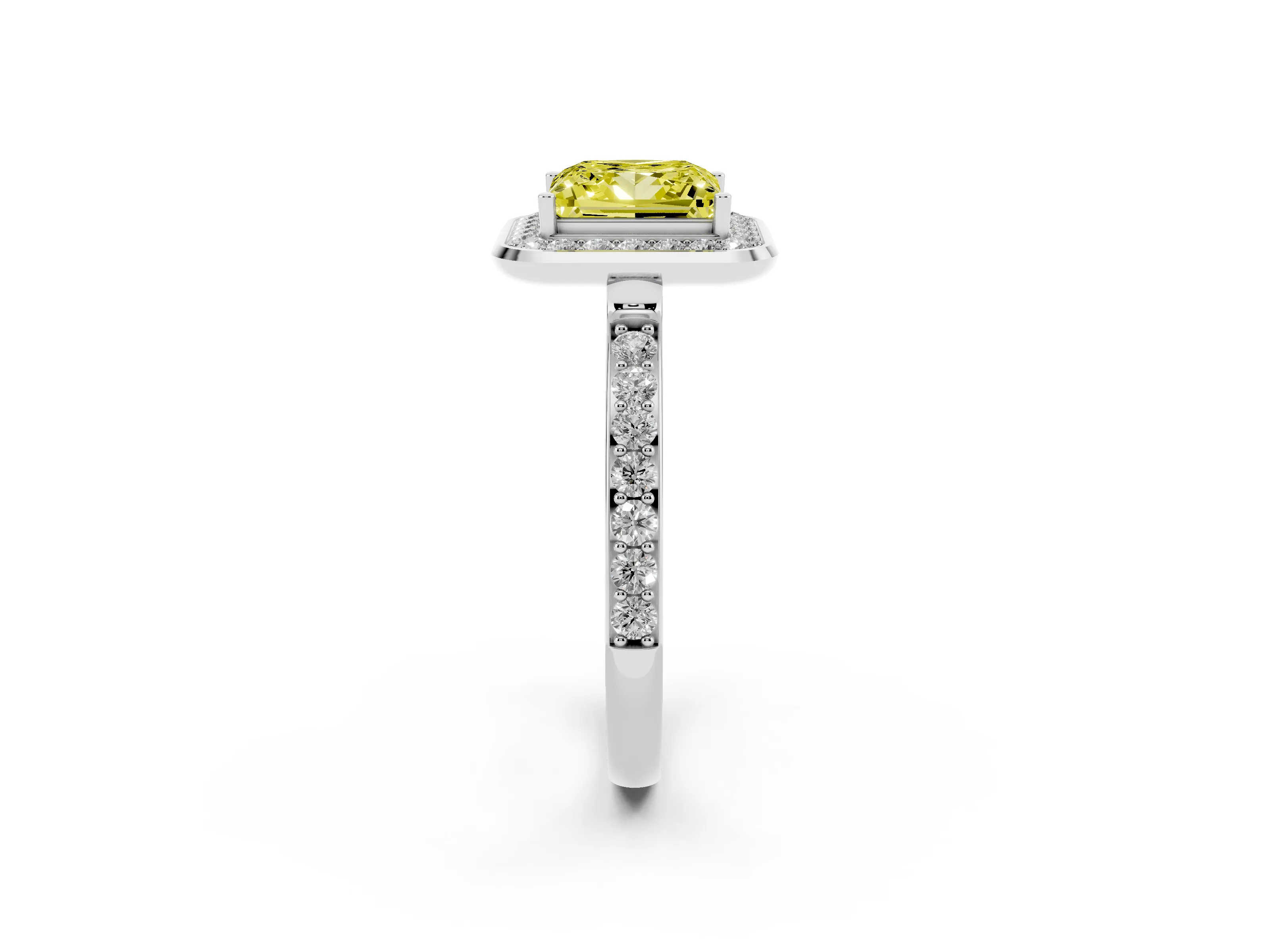 Fancy Yellow Princess Cut Diamond Halo Ring Set in White gold with Bezel Frame and Pavé Band