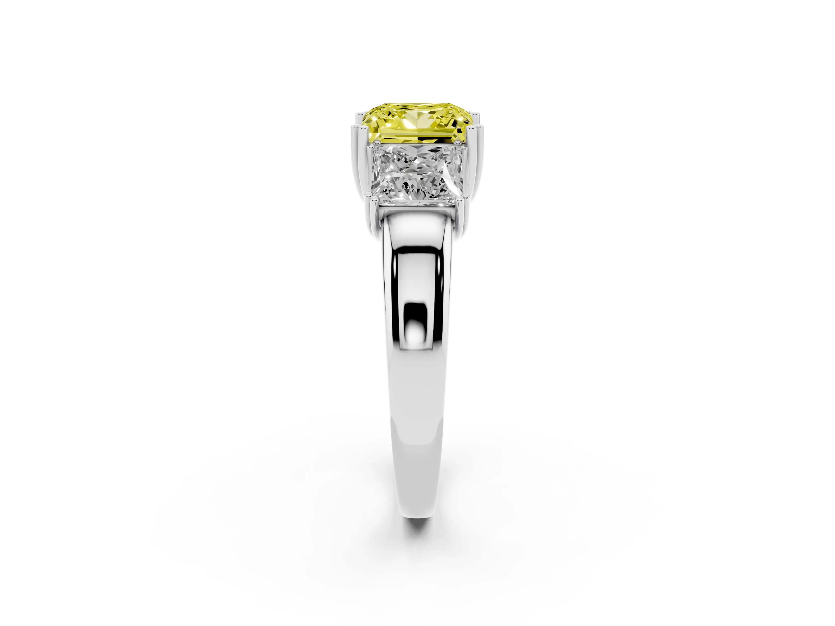 Fancy Yellow Princess Cut Diamond Three-Stone Ring Set in White gold with Polished Channel-Set Band