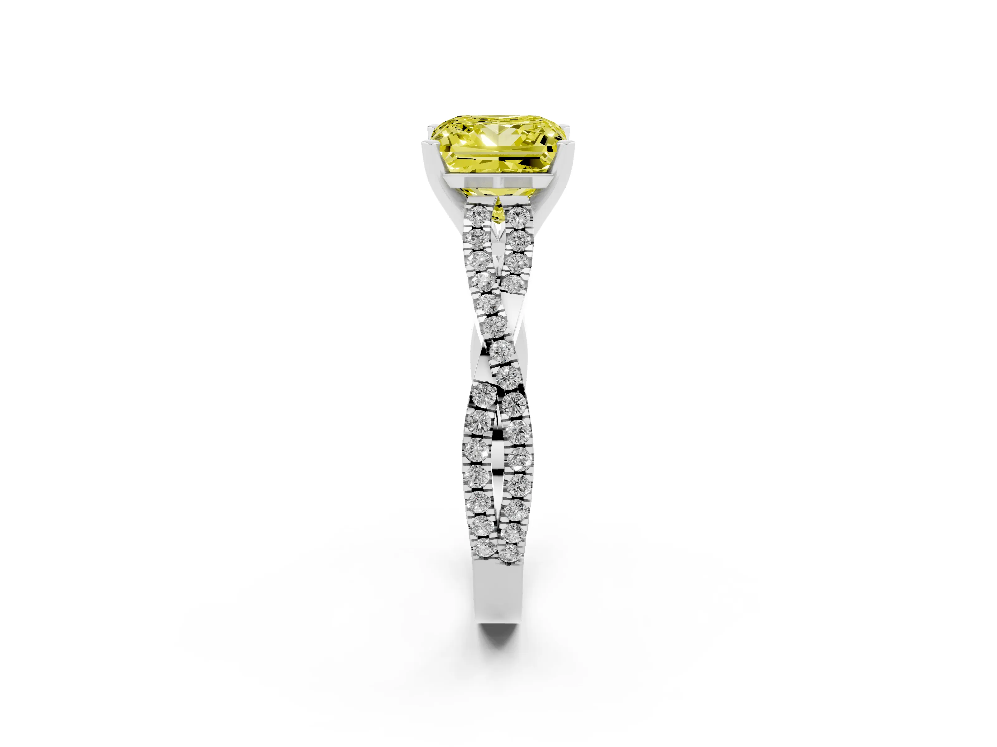 Fancy Yellow Princess Cut Diamond Solitaire Engagement Ring Set in White gold with Twisted Pavé Band and Prong Setting