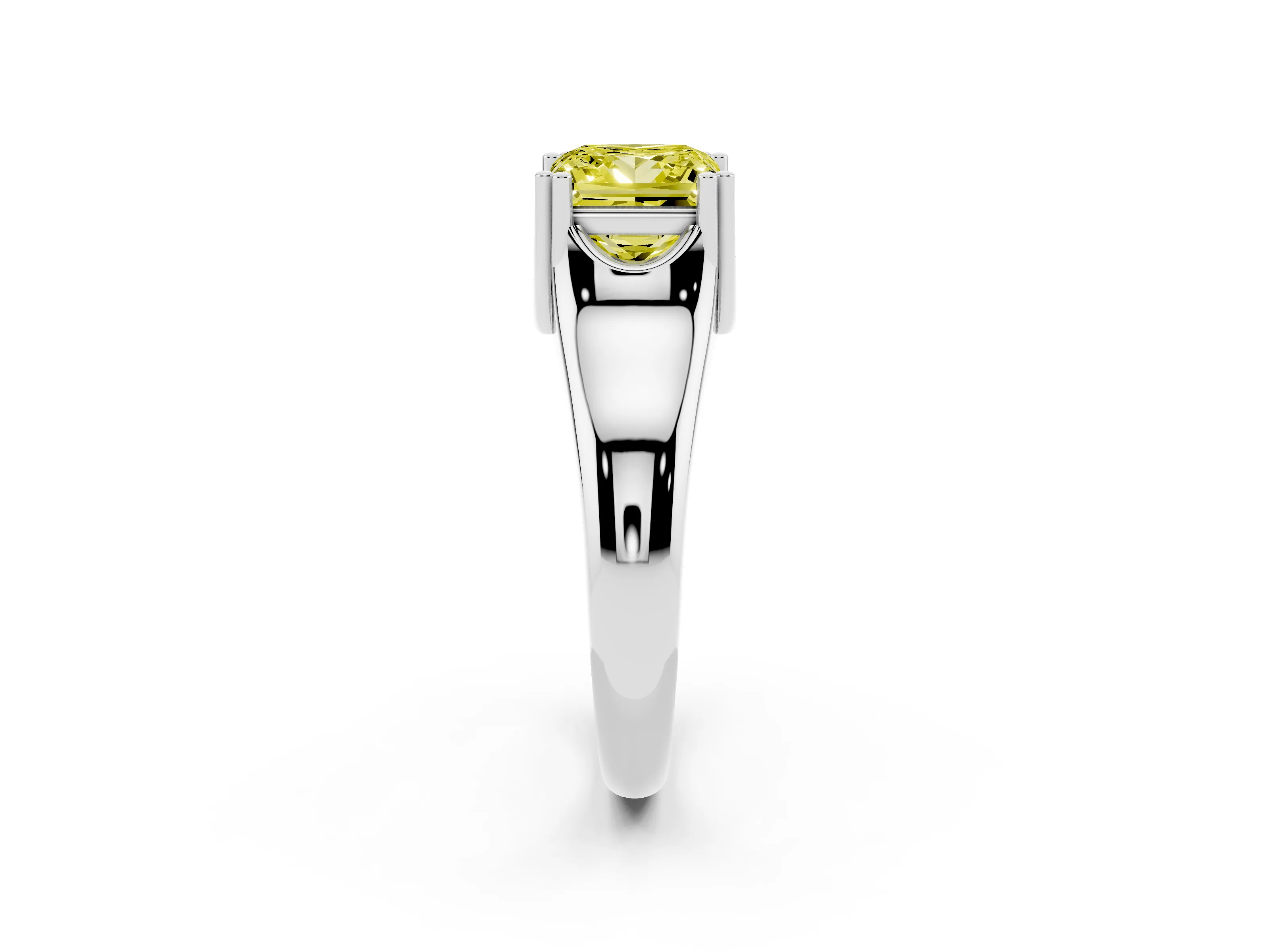 Fancy Yellow Princess Cut Diamond Solitaire Ring Set in Platinum with Wide Band and Prong Setting