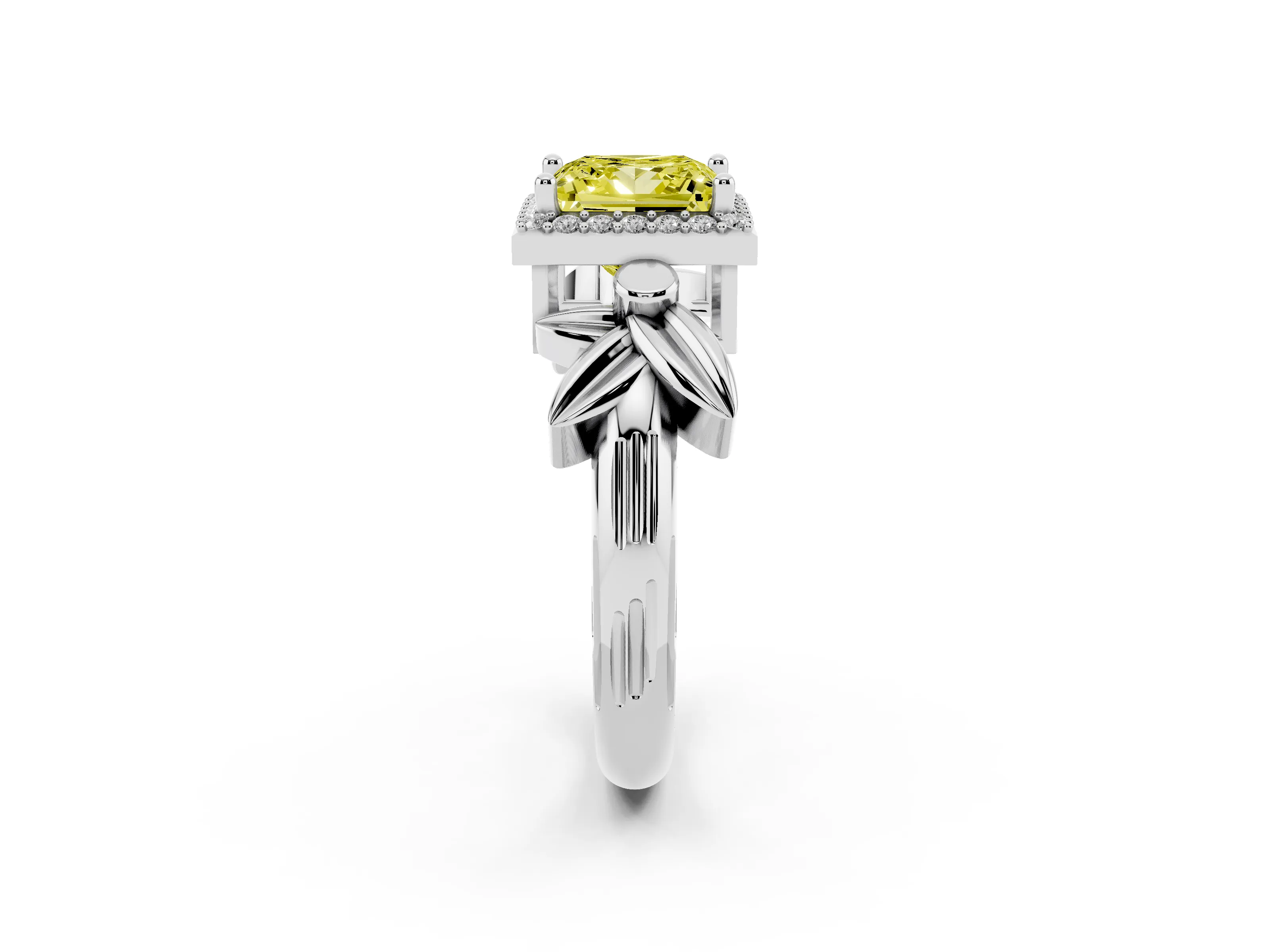 Fancy Yellow Princess Cut Diamond Halo Floral Band Ring Set in Silver with Prong Setting