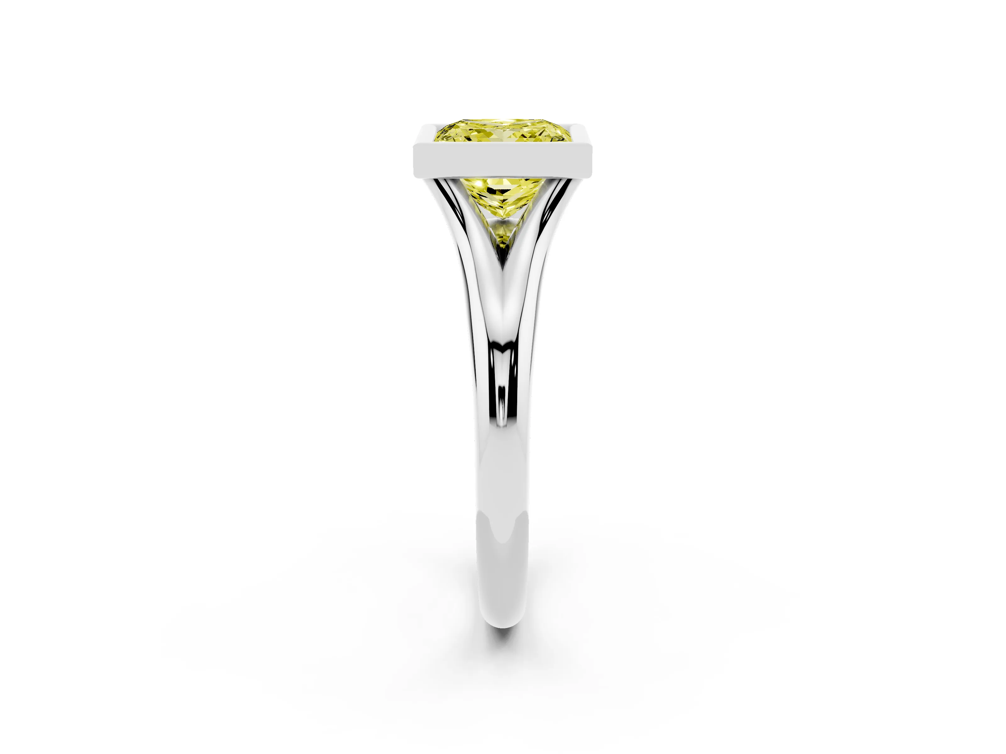 Fancy Yellow Bezel Set Princess Cut Diamond Solitaire Ring Set in Platinum with Smooth Band