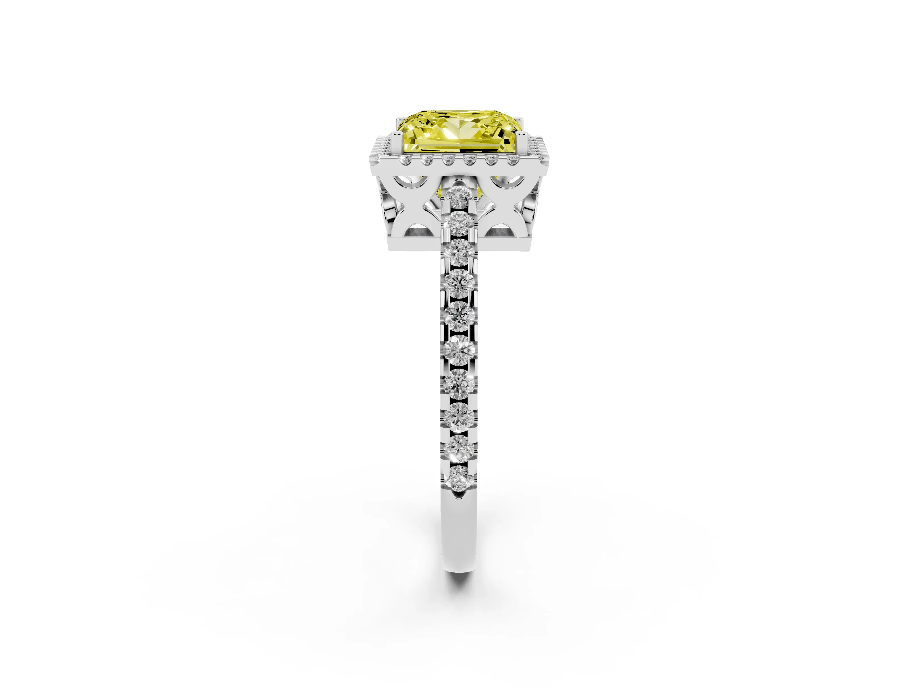Fancy Yellow Princess Cut Diamond Halo Ring Set in White gold with Pavé Shoulders and Halo-Framed Center