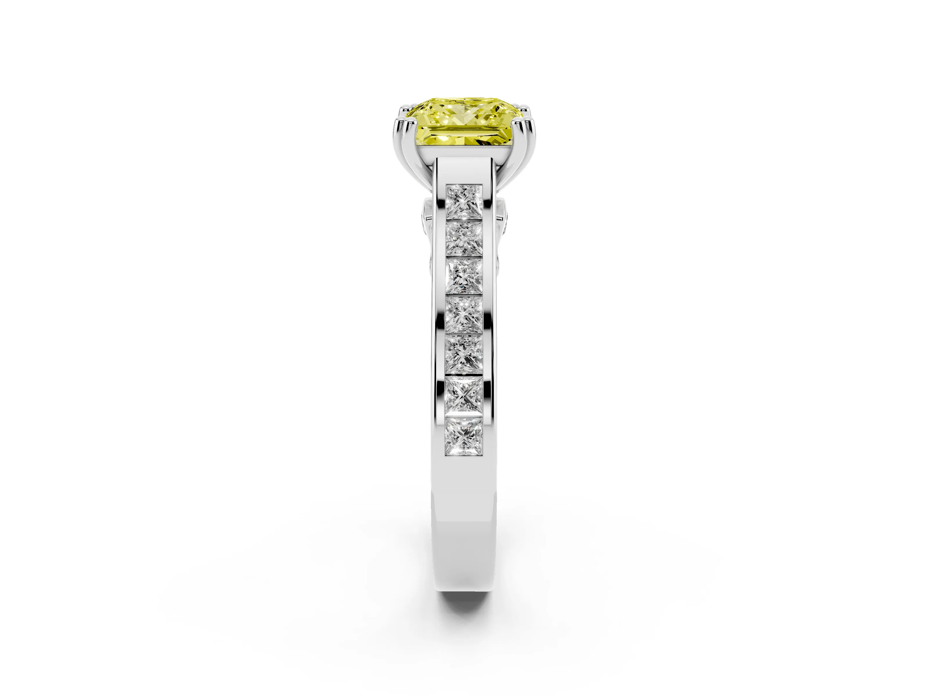 Fancy Yellow Princess Cut Diamond Channel Set Solitaire Engagement Ring Set in Platinum with Prong Setting