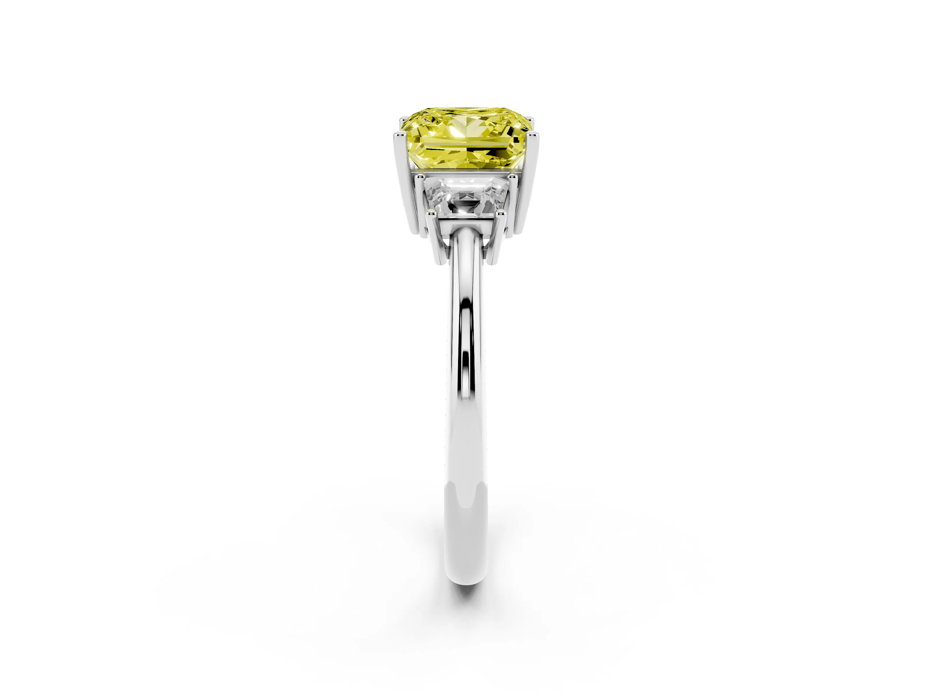 Fancy Yellow Princess Cut Diamond Three-Stone Ring Set in Silver with Trapezoid Side Stones and Prong Setting