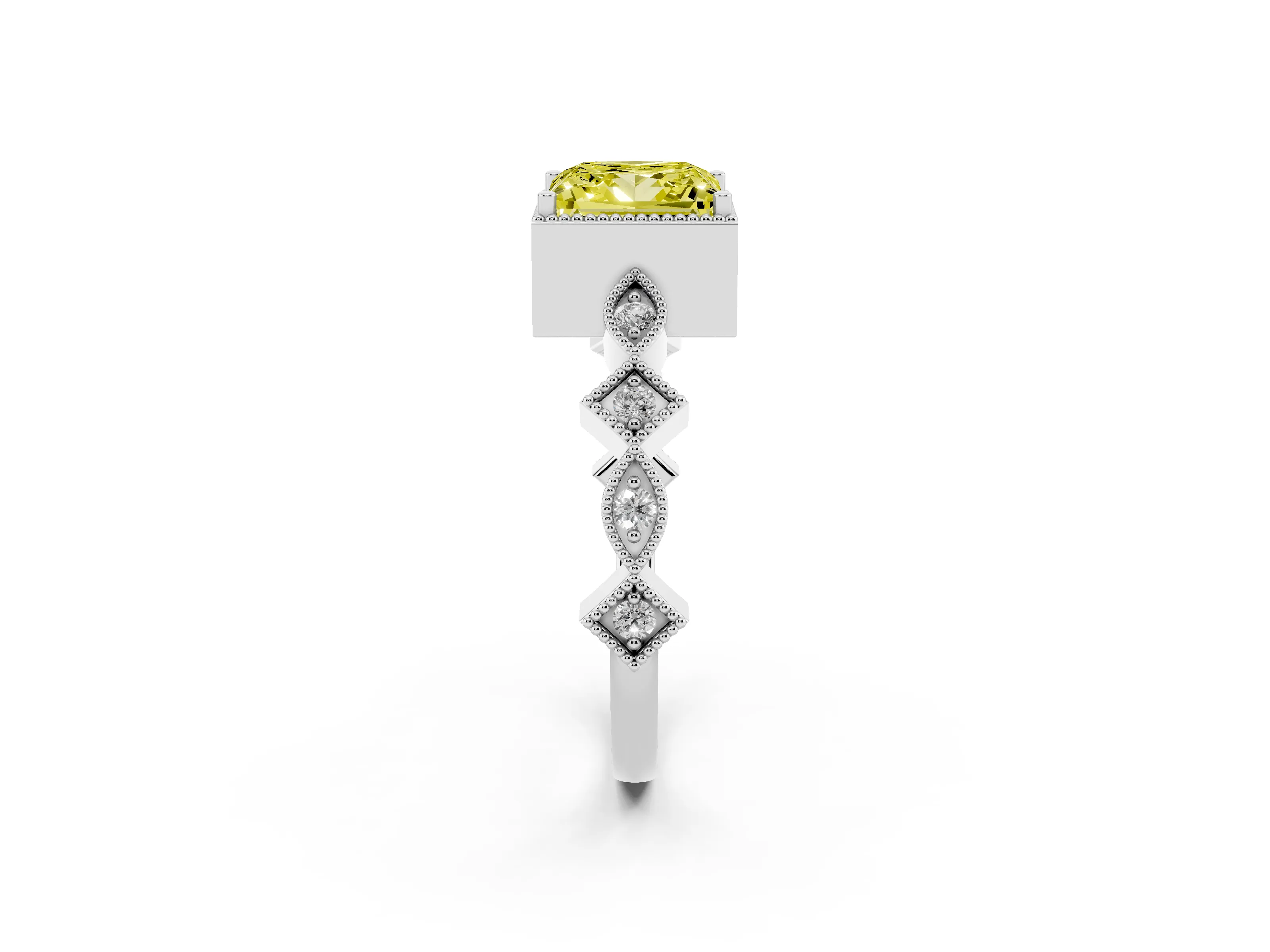 Fancy Yellow Princess Cut Diamond Milgrain Marquise Twist Band Ring Set in White gold with Prong Setting
