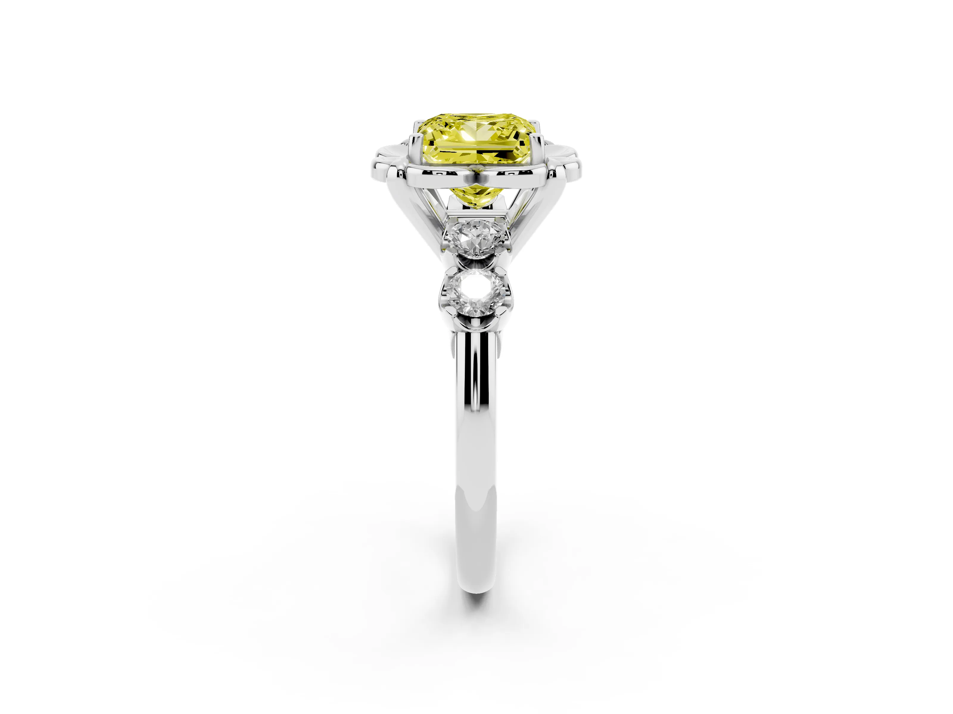 Fancy Yellow Princess Cut Diamond Floral Halo Ring Set in Silver with Shared Prong Band