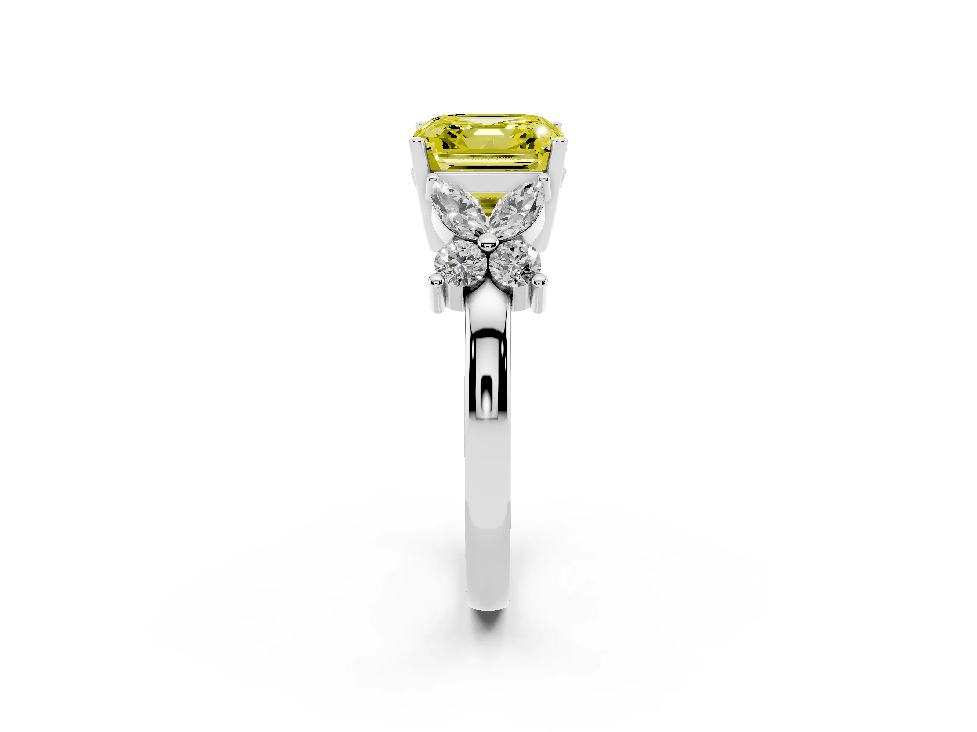 Fancy Yellow Princess Cut Diamond Floral Cluster Ring Set in Silver with Marquise Petals and Prong Setting
