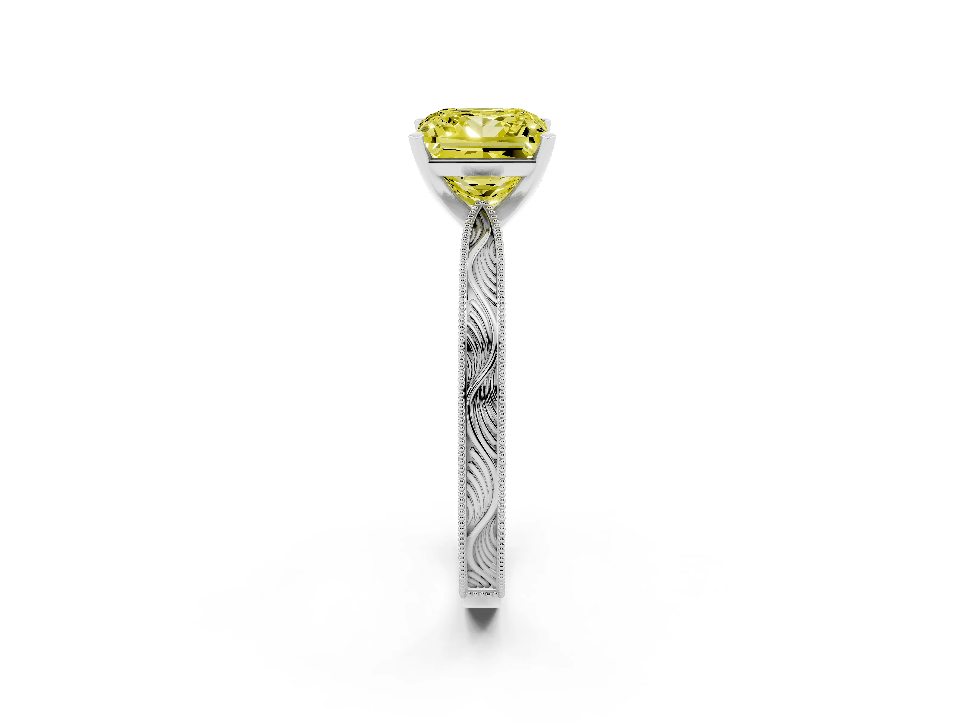 Fancy Yellow Princess Cut Diamond Solitaire Milgrain Engraved Band Set in White gold with Prong Setting