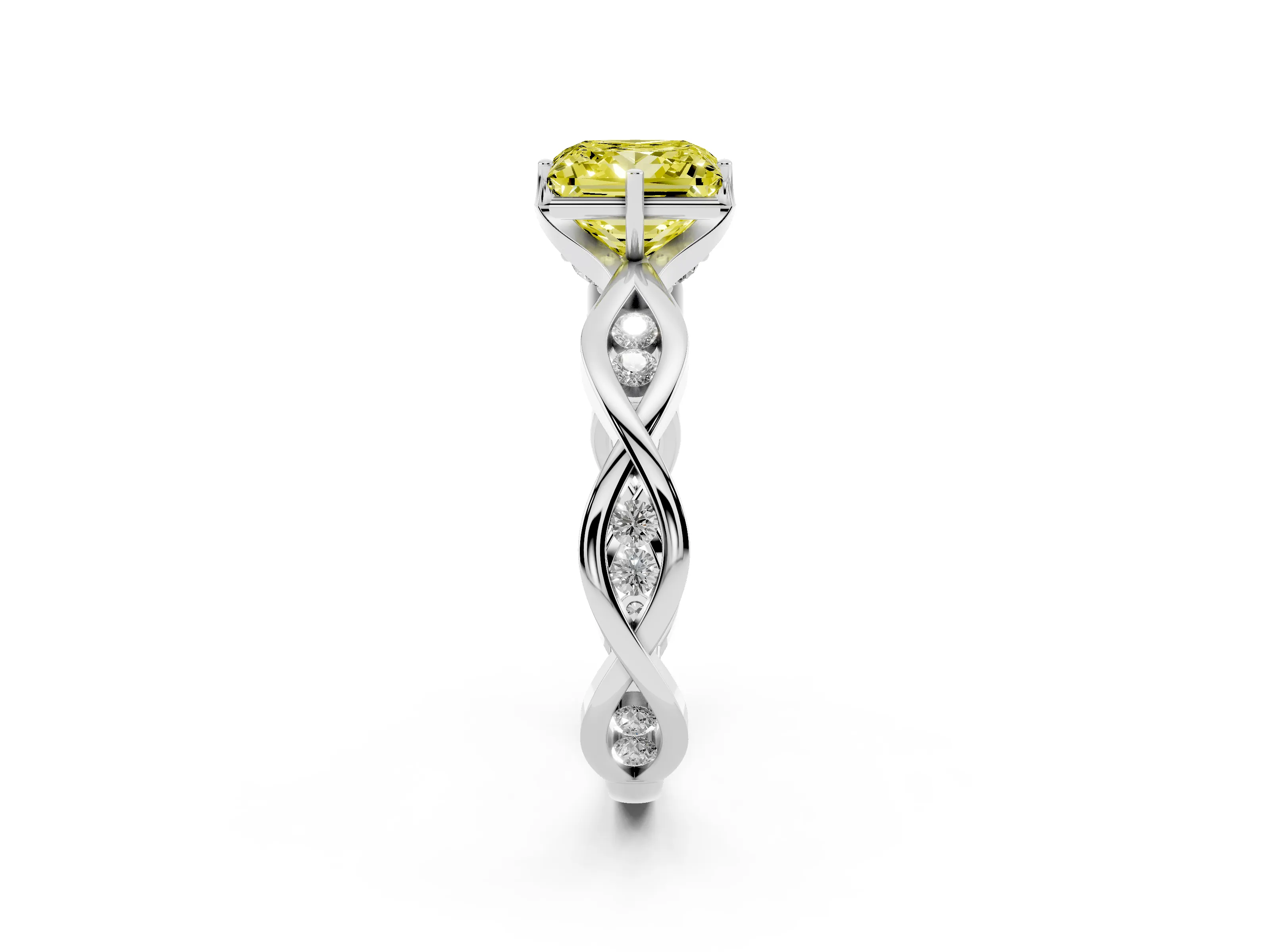 Fancy Yellow Princess Cut Diamond Twist Band Solitaire Ring Set in White gold with Leaf Prong Setting and Accent Stones