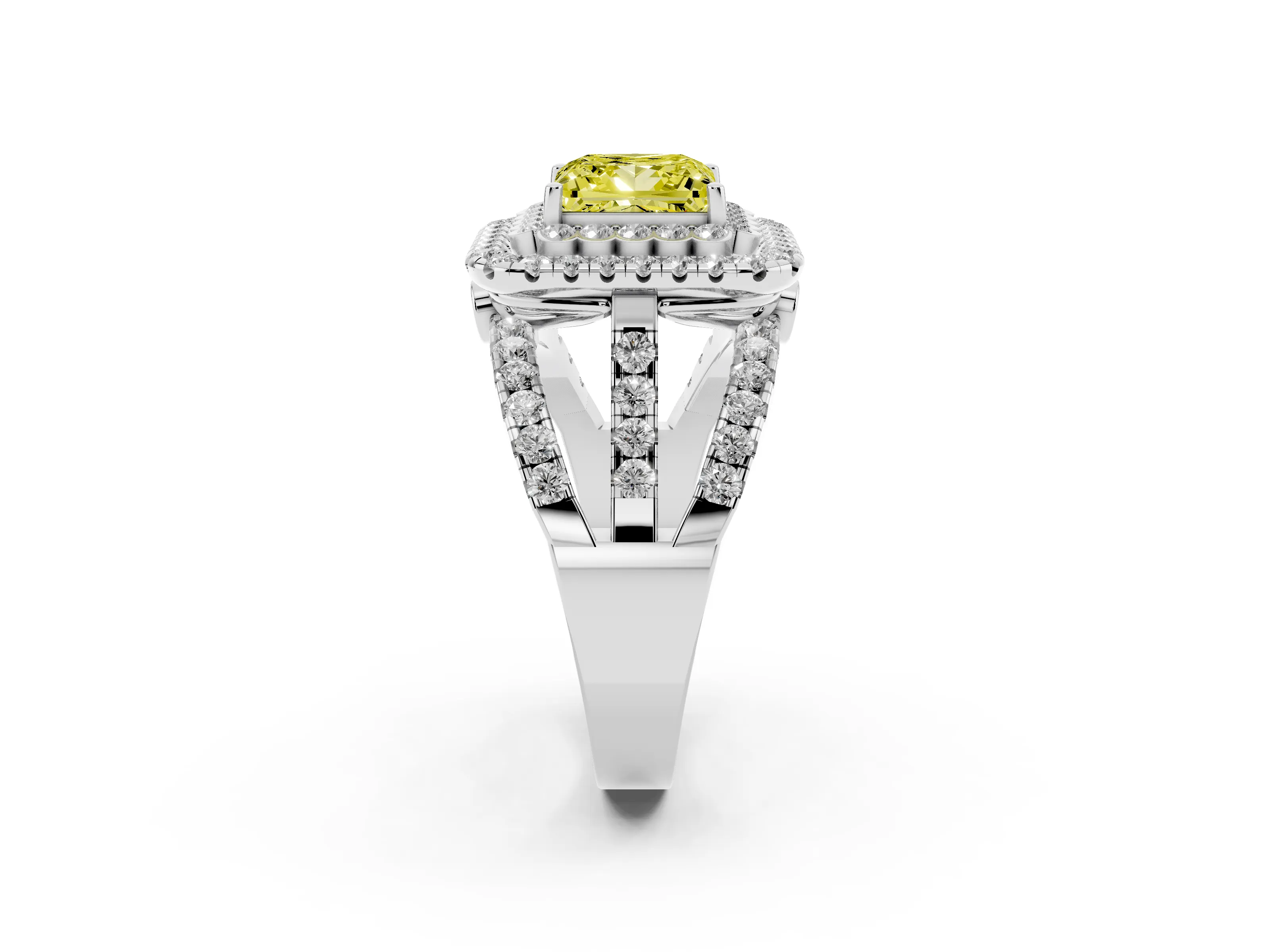 Fancy Yellow Princess Cut Diamond Double Halo Ring Set in White gold with Round Pavé Split Shank