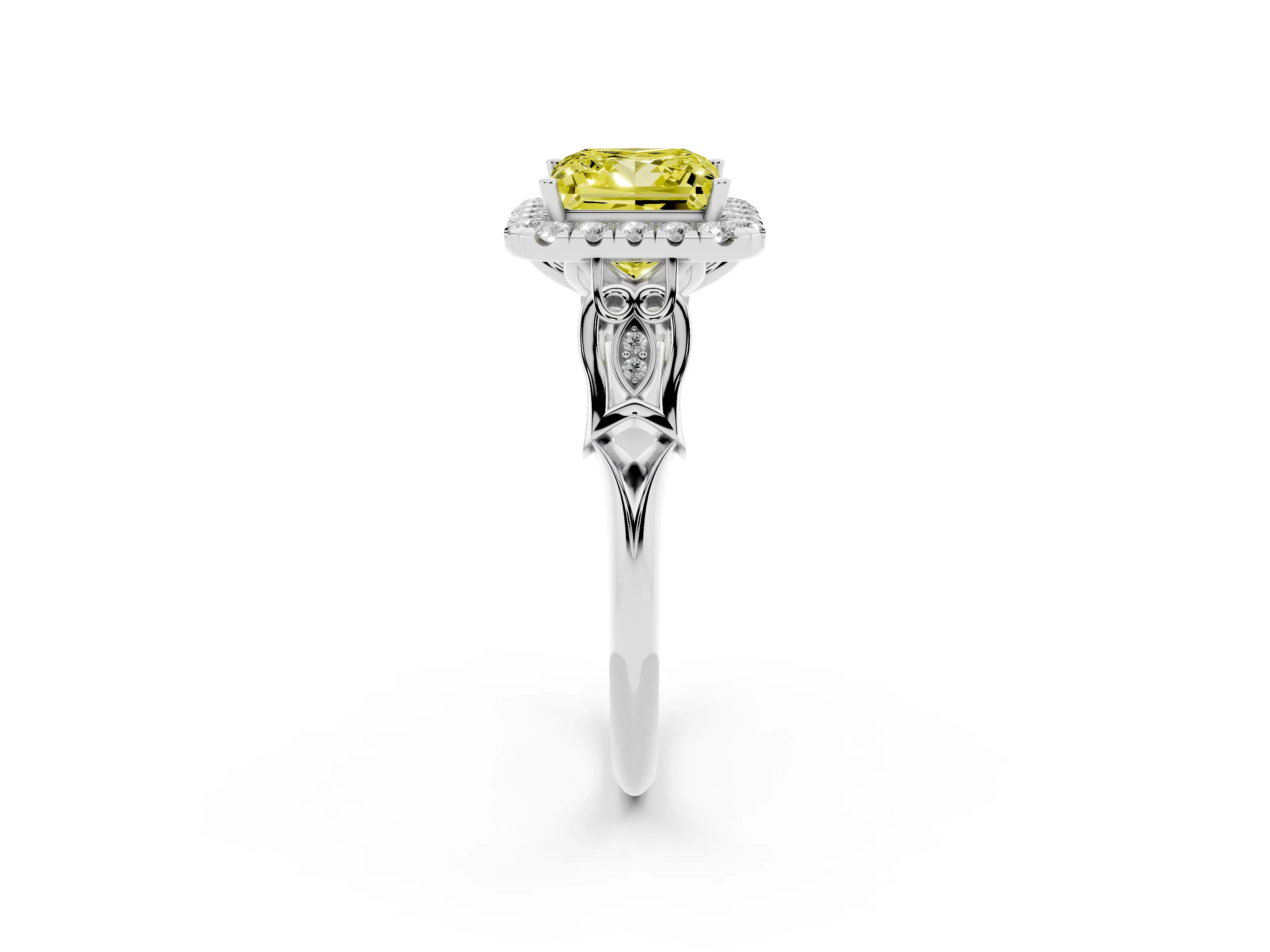 Fancy Yellow Princess Cut Diamond Halo Engagement Ring Set in White gold with Filigree Band and Prong-Set Center