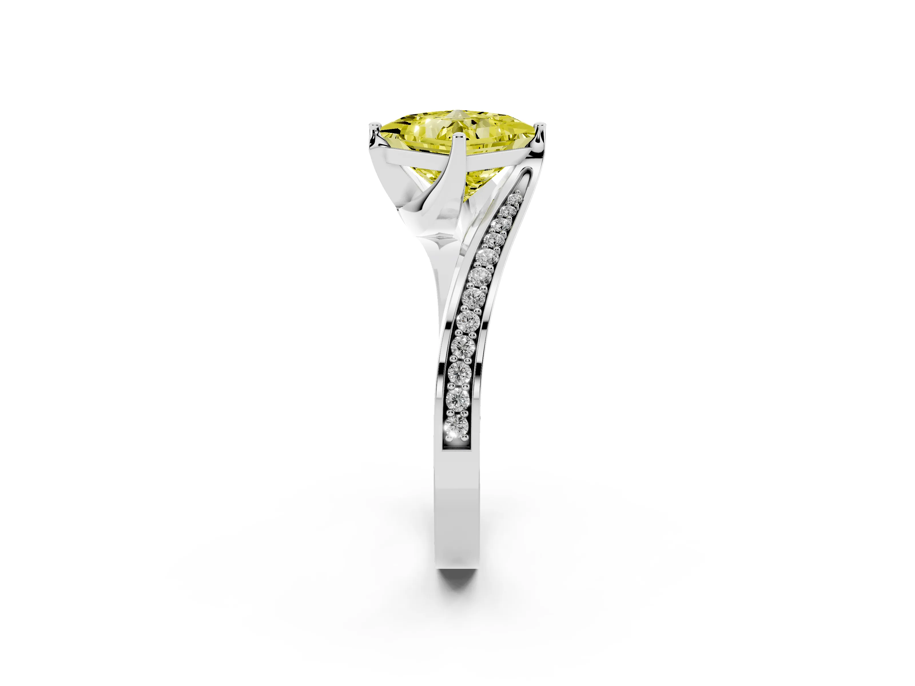 Fancy Yellow Princess Cut Diamond Solitaire Ring Set in Platinum with Intertwined Pavé Twist Band